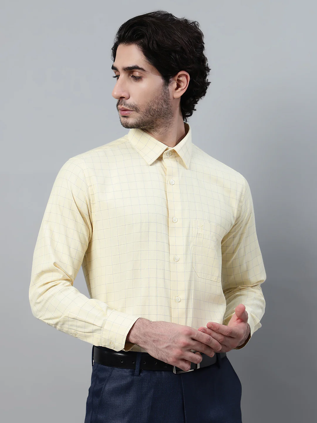 Men's Light Yellow Formal Medium Checks Full Sleeve Shirt - Image 4