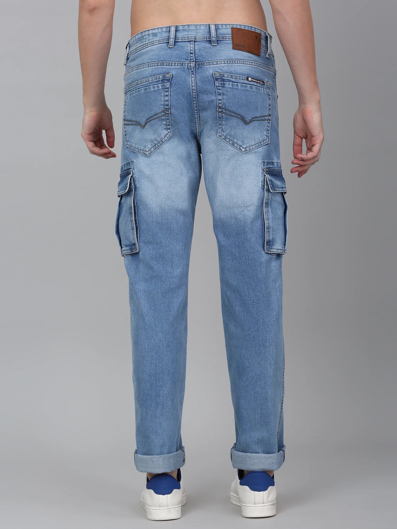 Men's Light Blue Solid Full Length Cargo - Image 2