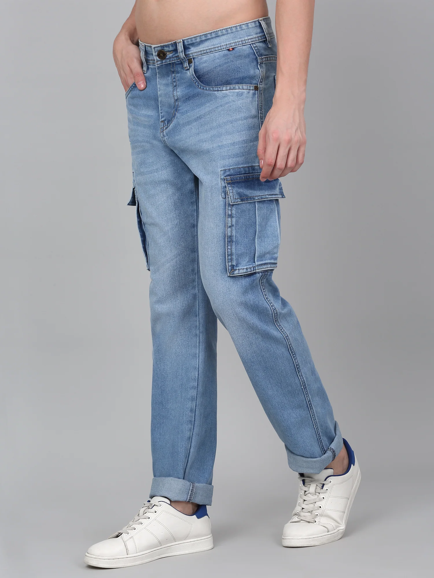 Men's Light Blue Solid Full Length Cargo - Image 3