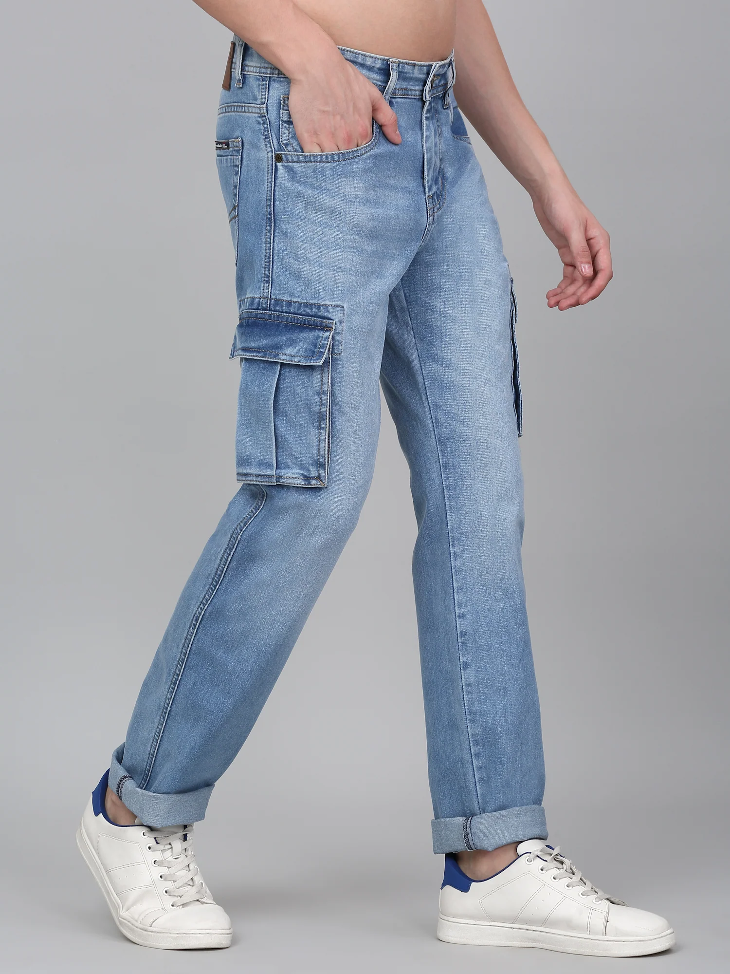 Men's Light Blue Solid Full Length Cargo - Image 4