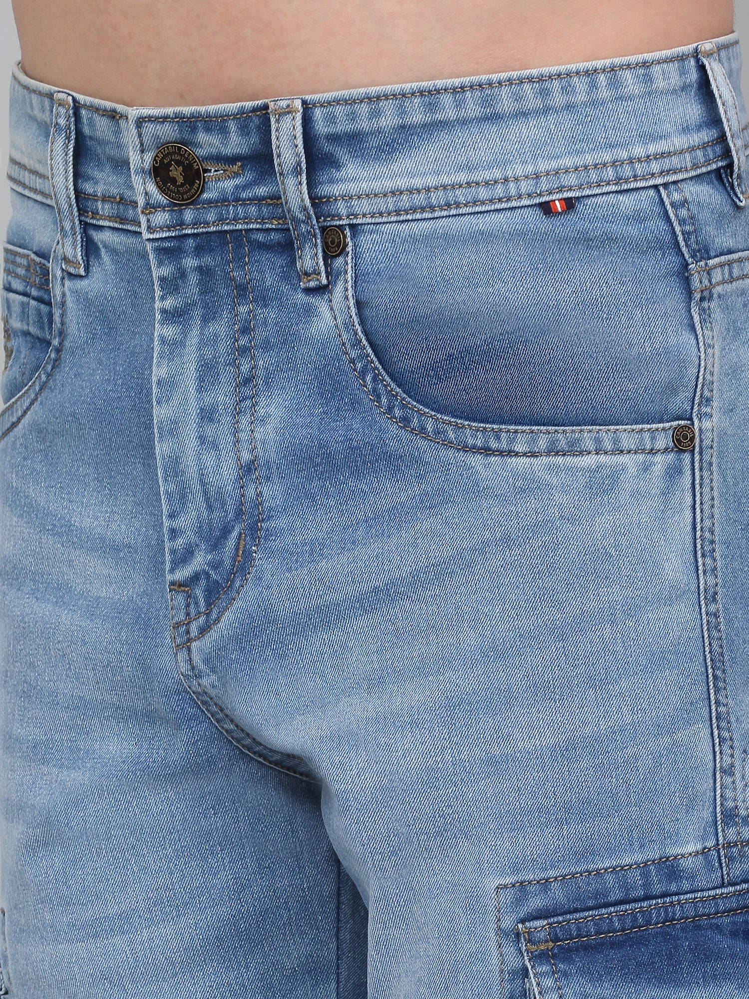 Men's Light Blue Solid Full Length Cargo - Image 5