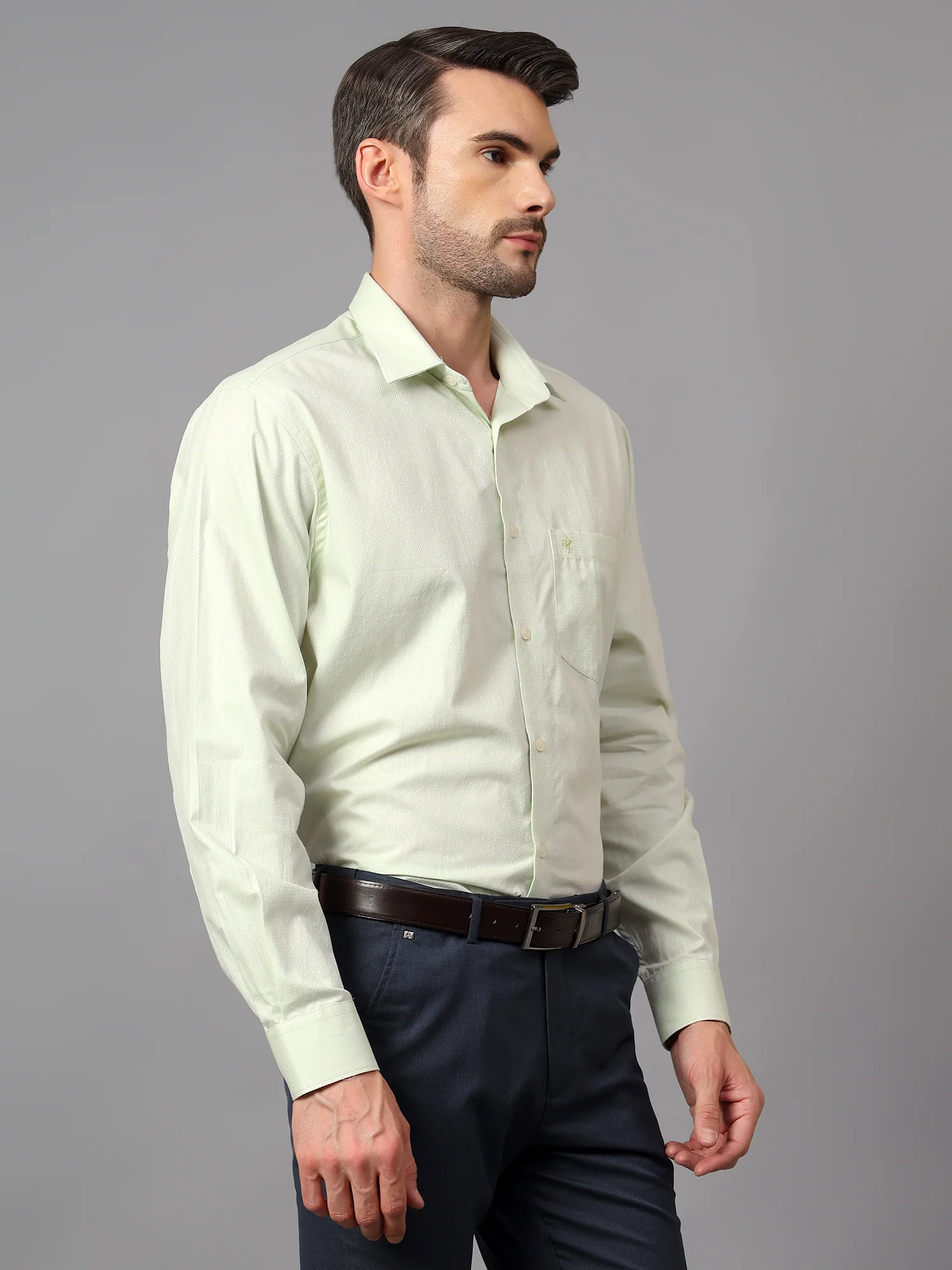 Men's Light Green Formal Self Textured Full Sleeve Shirt - Image 3