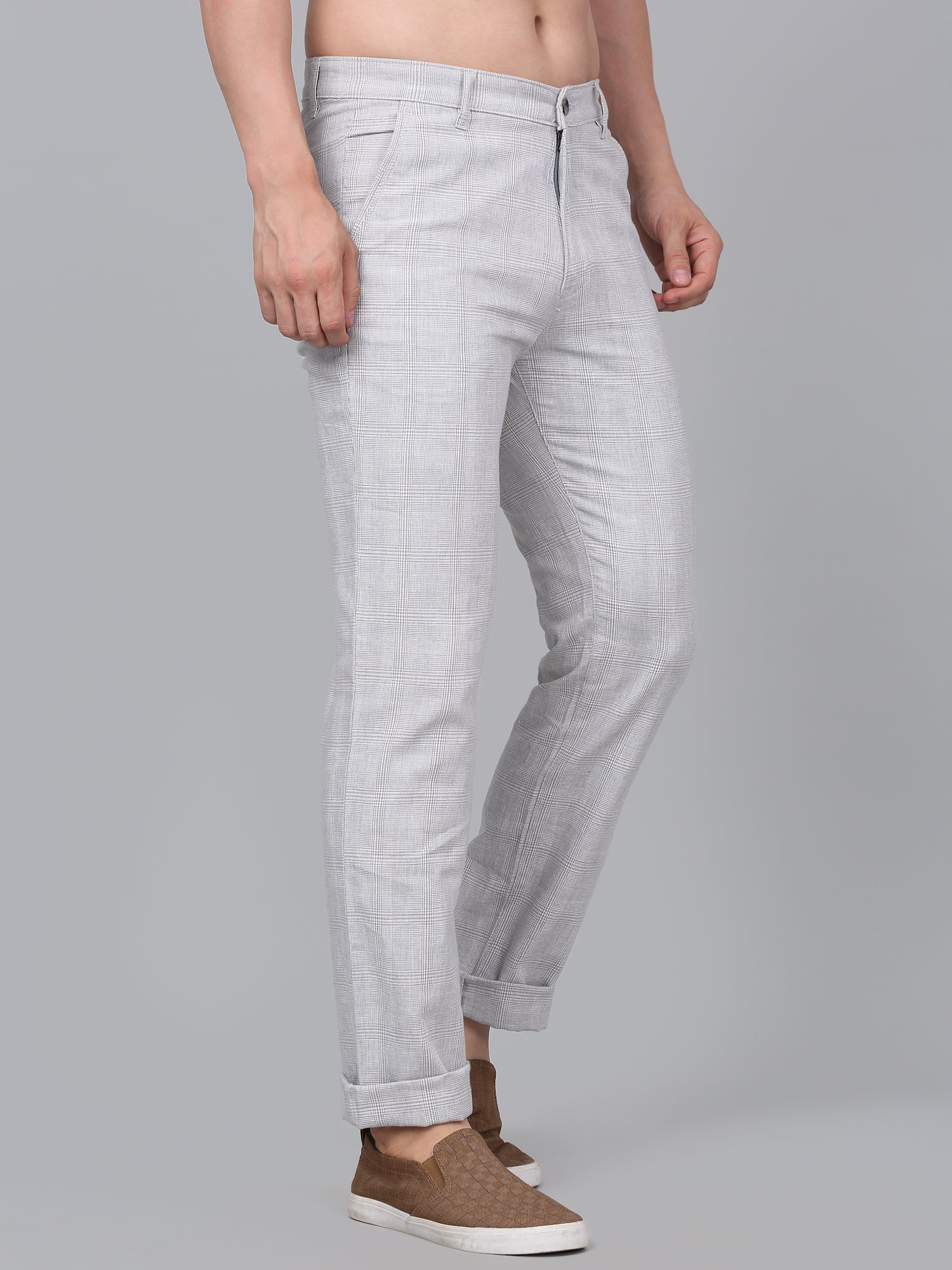Men's Light Grey Checkered Non-Pleated Casual Trouser - Image 3