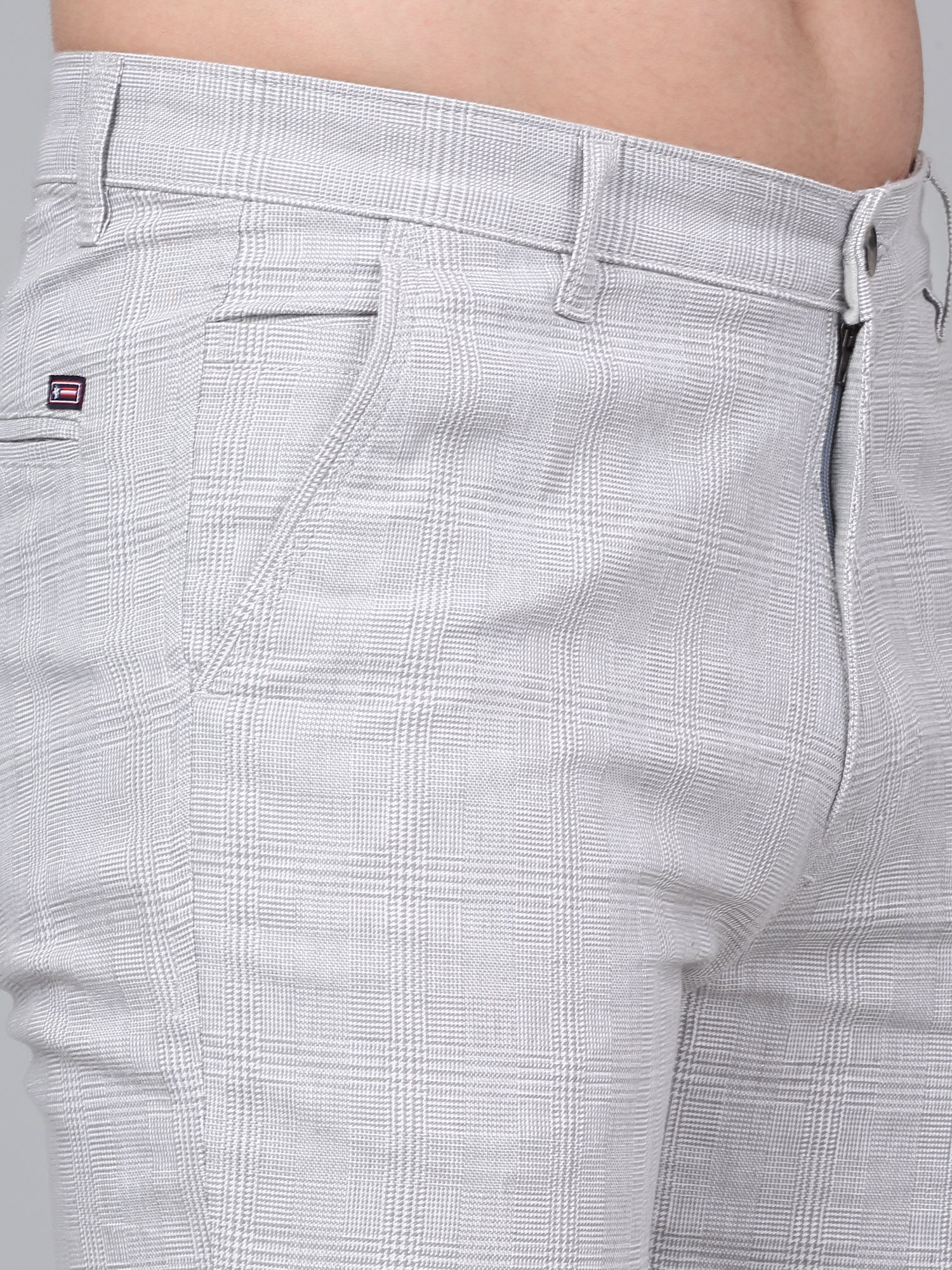 Men's Light Grey Checkered Non-Pleated Casual Trouser - Image 4