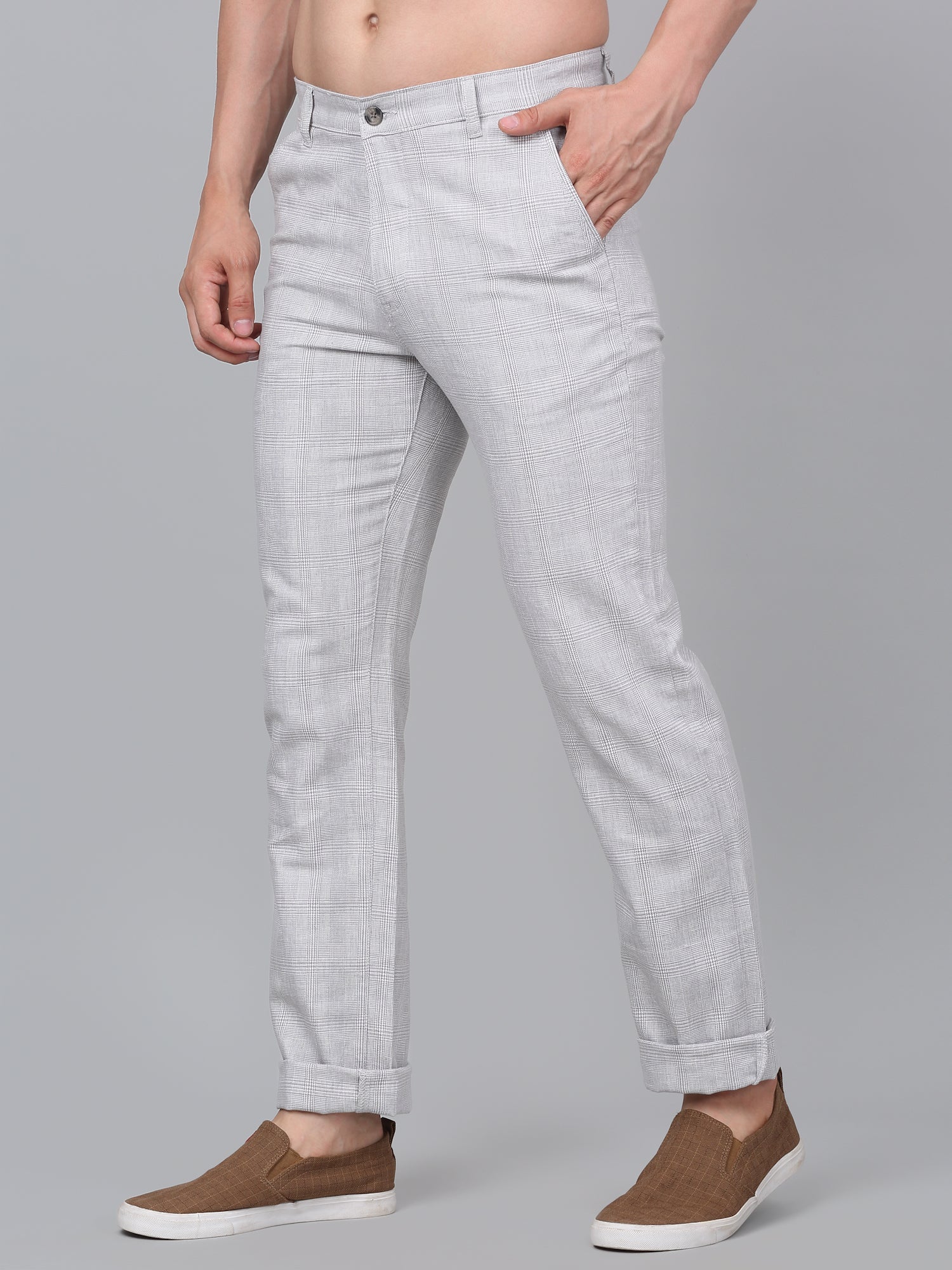 Men's Light Grey Checkered Non-Pleated Casual Trouser - Image 5