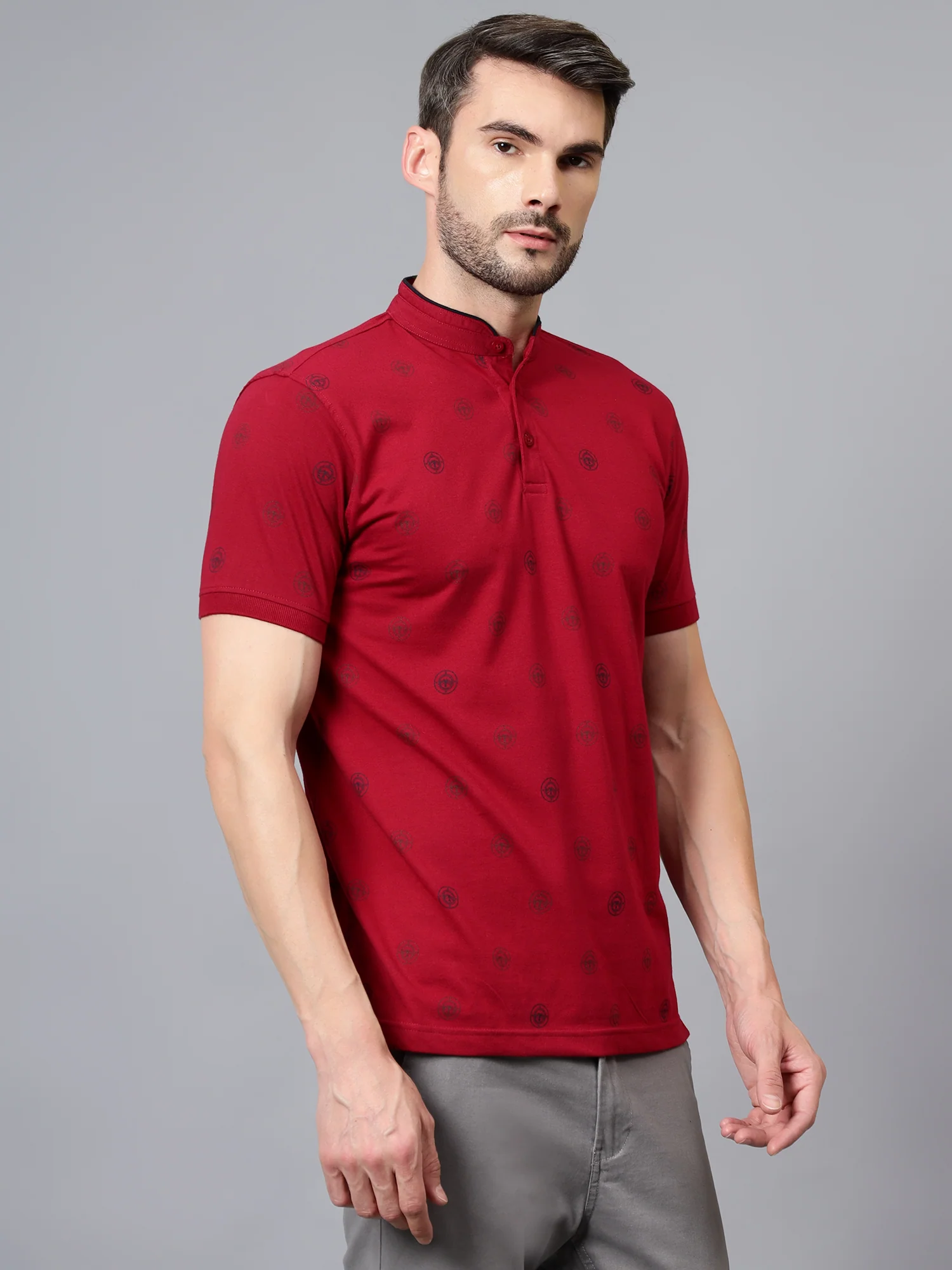 T-Shirt for Men | Breathable & Soft with Color Fastness Regular Fit Mandarin Collar Poly Cotton Fabric Printed Pattern - Image 3
