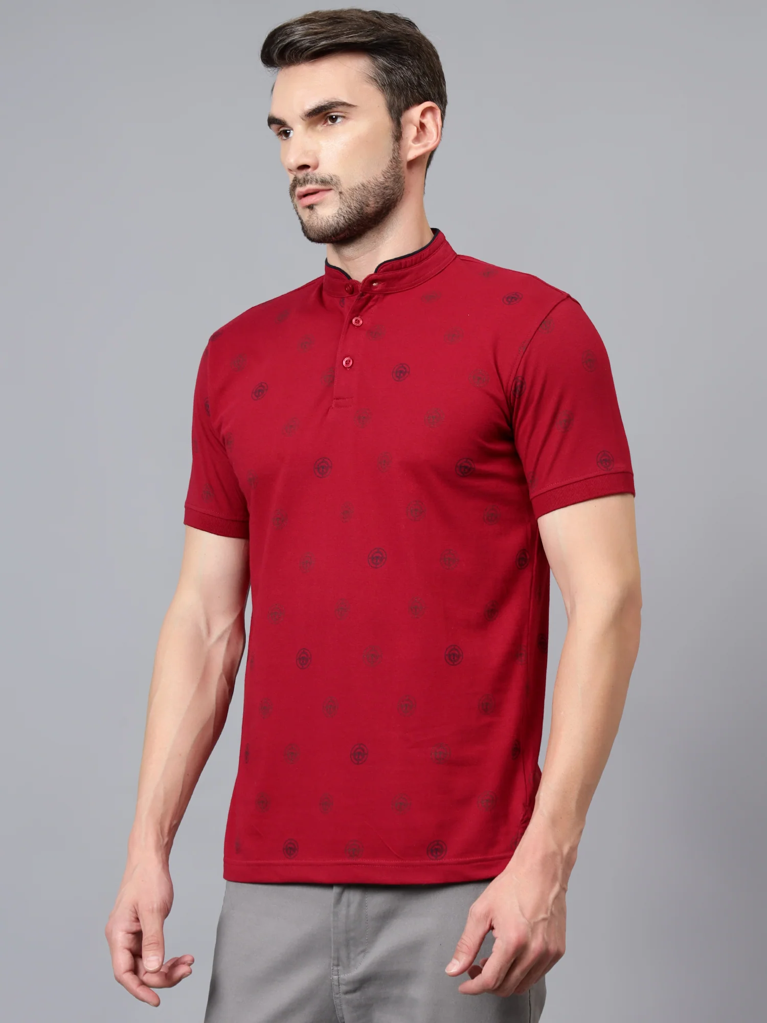 T-Shirt for Men | Breathable & Soft with Color Fastness Regular Fit Mandarin Collar Poly Cotton Fabric Printed Pattern - Image 4