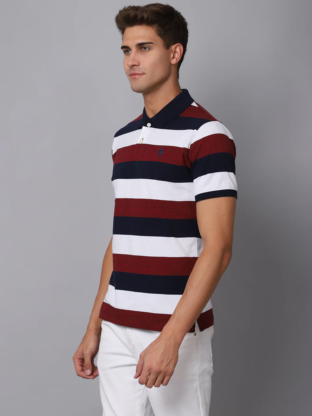 T-Shirt for Men | Breathable & Soft with Color Fastness Regular Fit Polo Neck Poly Cotton Fabric Striped Pattern - Image 3