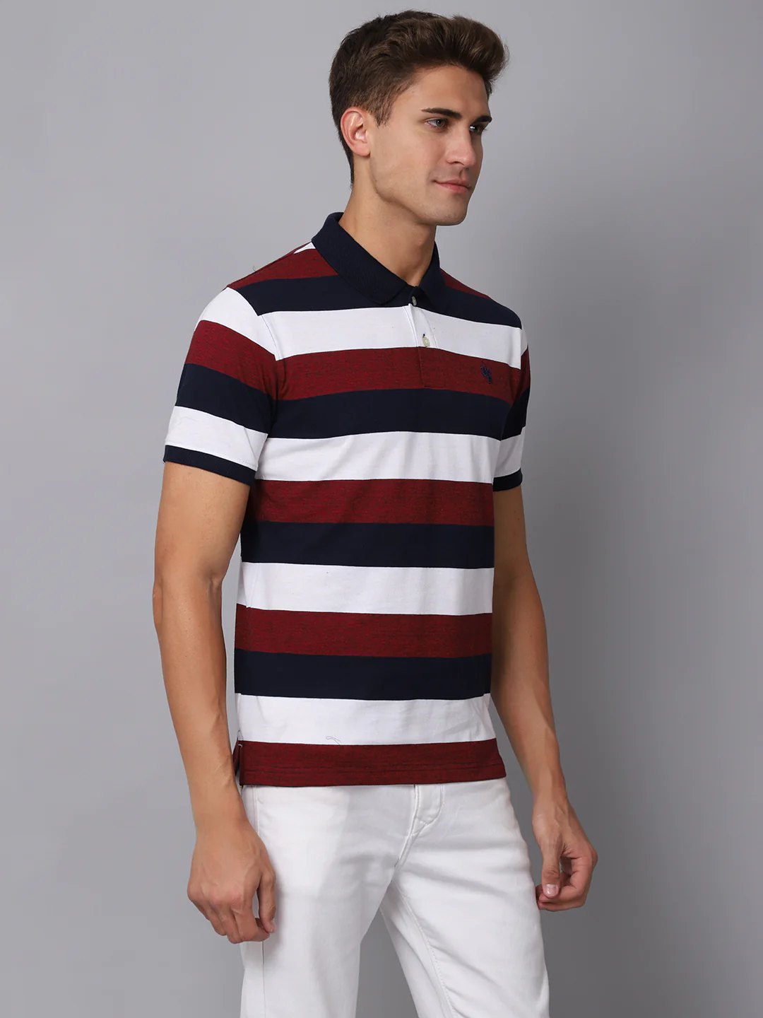 T-Shirt for Men | Breathable & Soft with Color Fastness Regular Fit Polo Neck Poly Cotton Fabric Striped Pattern - Image 4