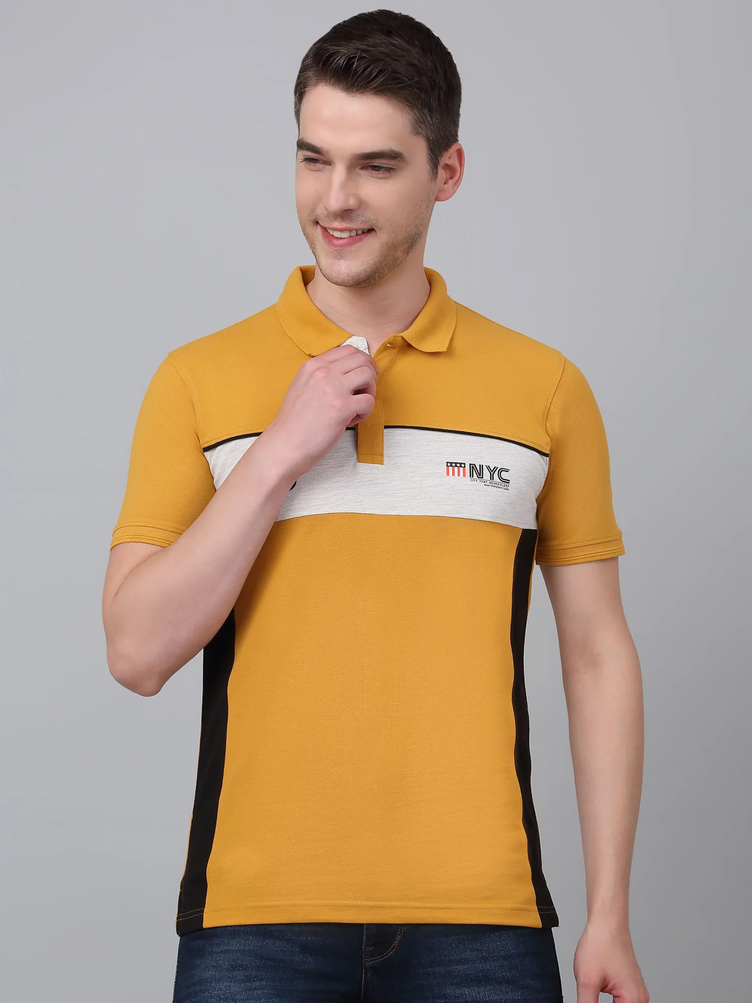 T-Shirt for Men | Breathable & Soft with Color Fastness Regular Fit Polo Neck Poly Cotton Fabric Colour Block Pattern