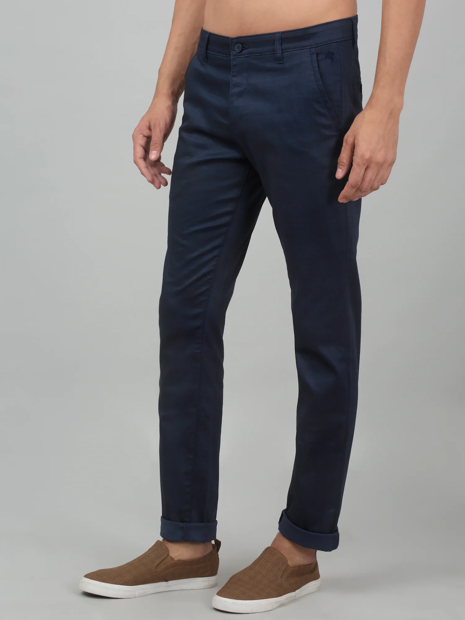 Men's Casual Flat front Navy Blue Checks Trousers - Image 3