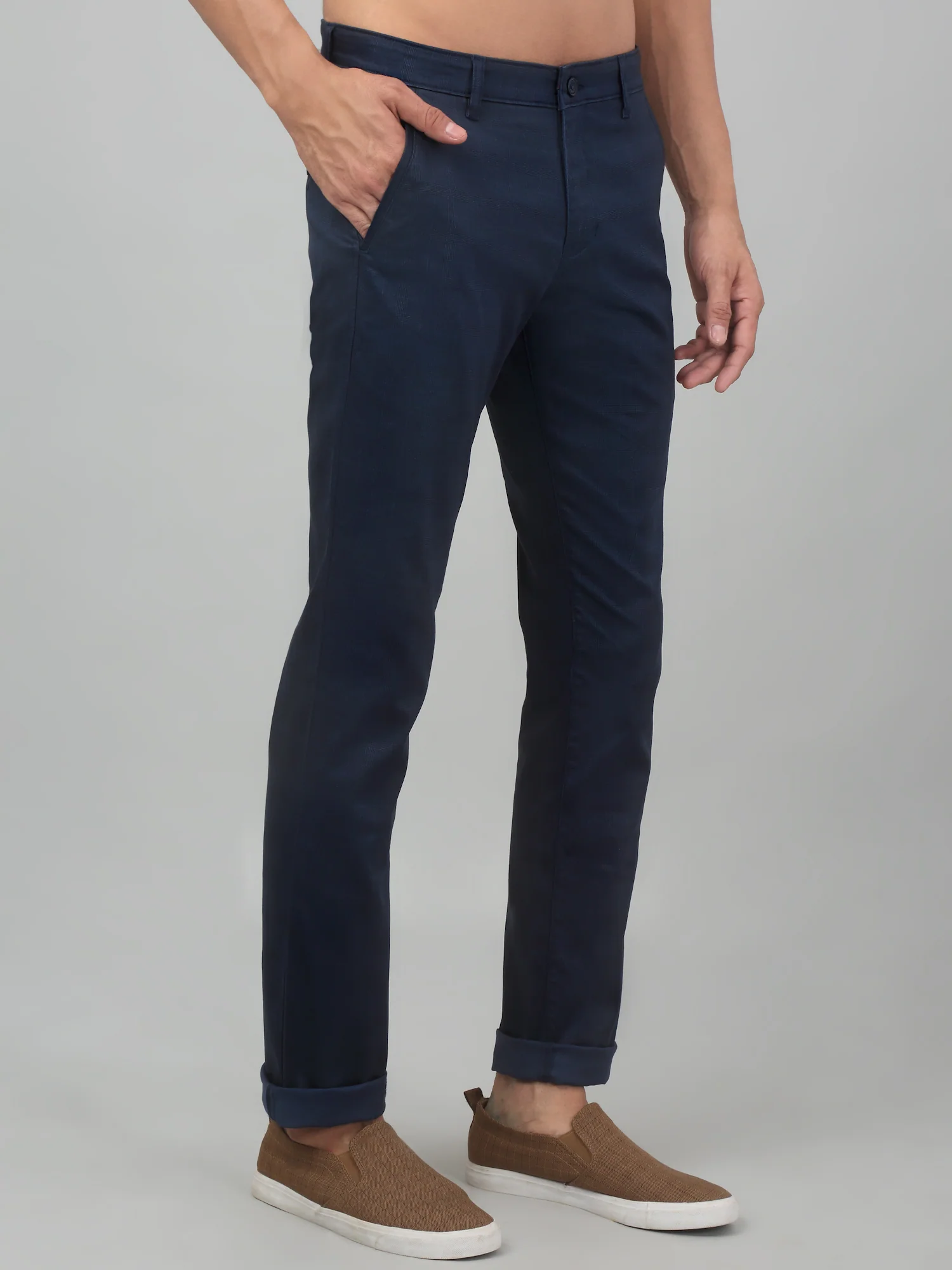 Men's Casual Flat front Navy Blue Checks Trousers - Image 4