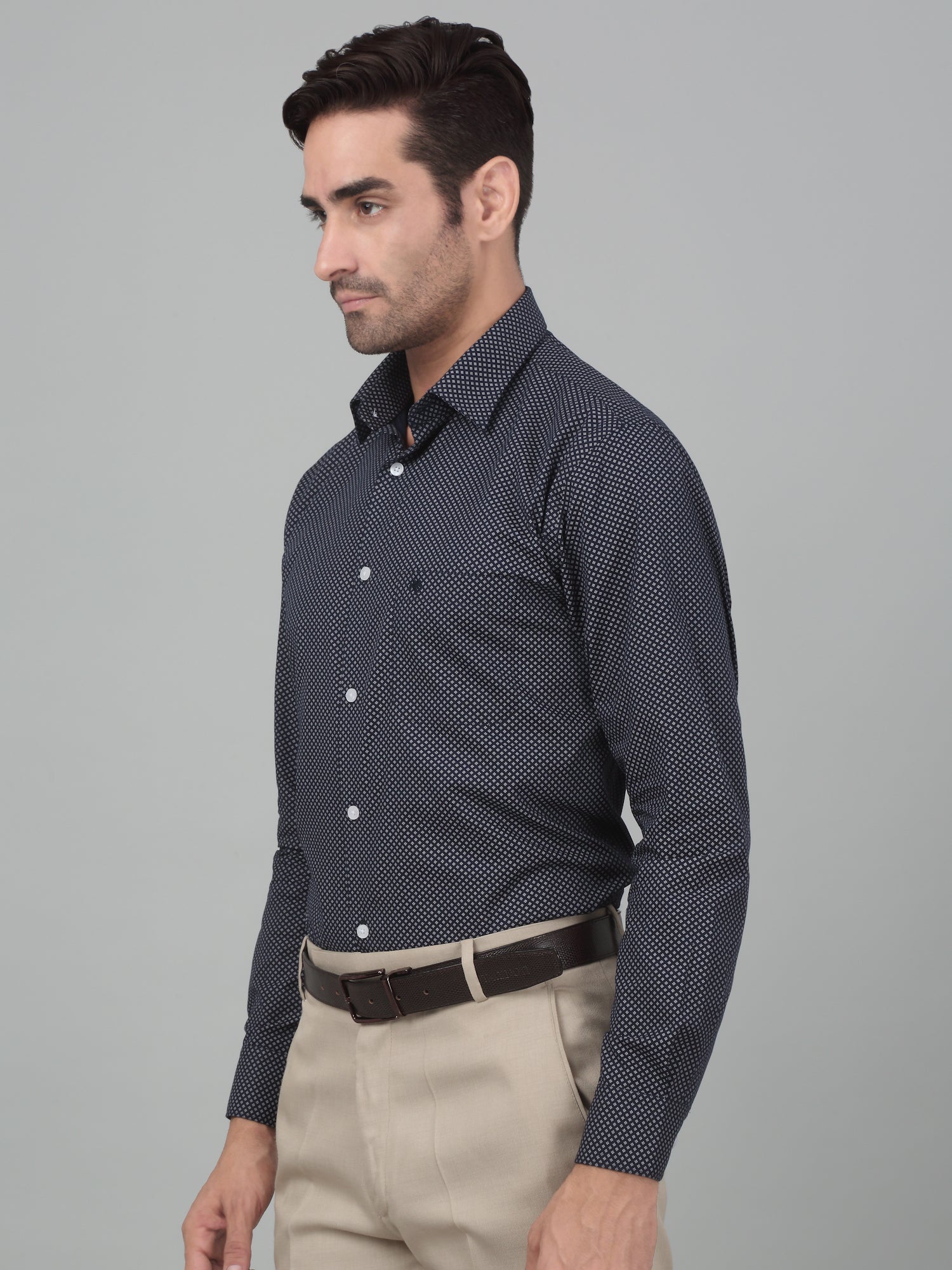 Men's Navy Blue Formal Geometric Print Full Sleeve Shirt - Image 3