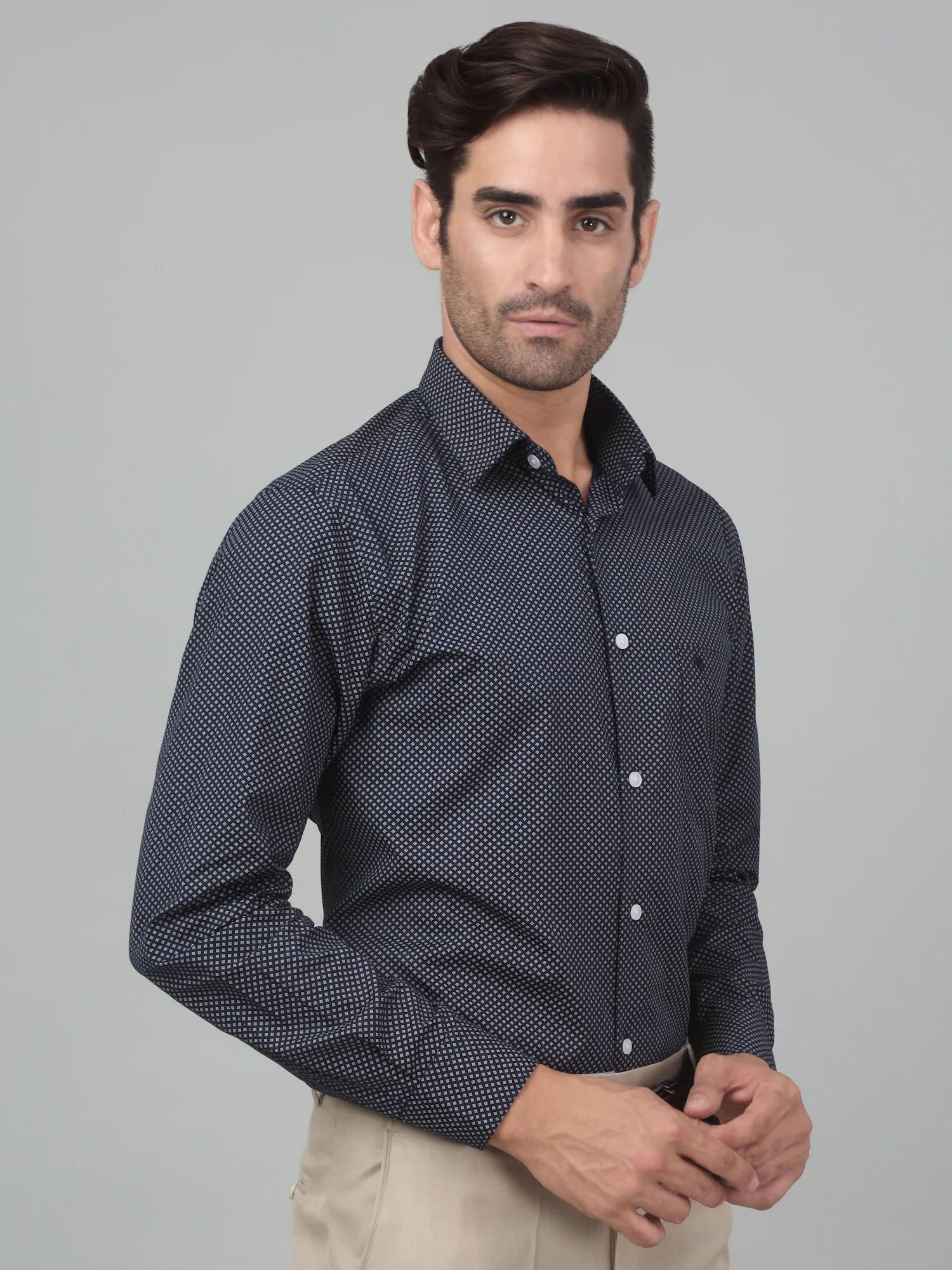 Men's Navy Blue Formal Geometric Print Full Sleeve Shirt - Image 4