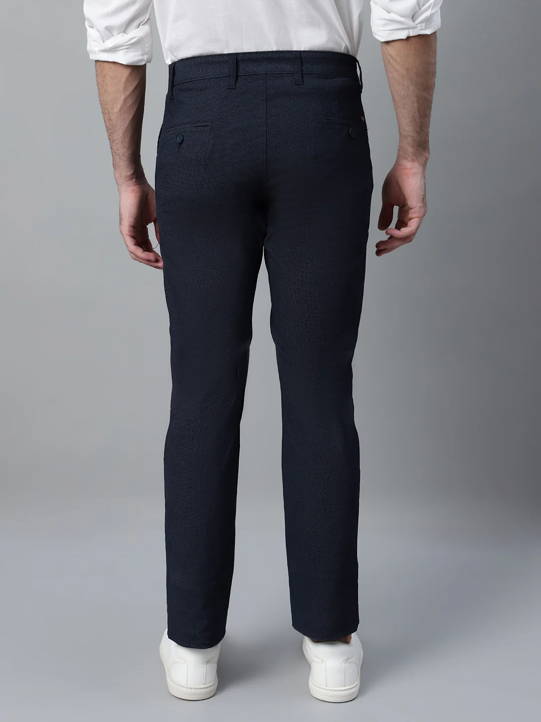 Men's Navy Blue Self Design Non-Pleated Casual Trouser - Image 2