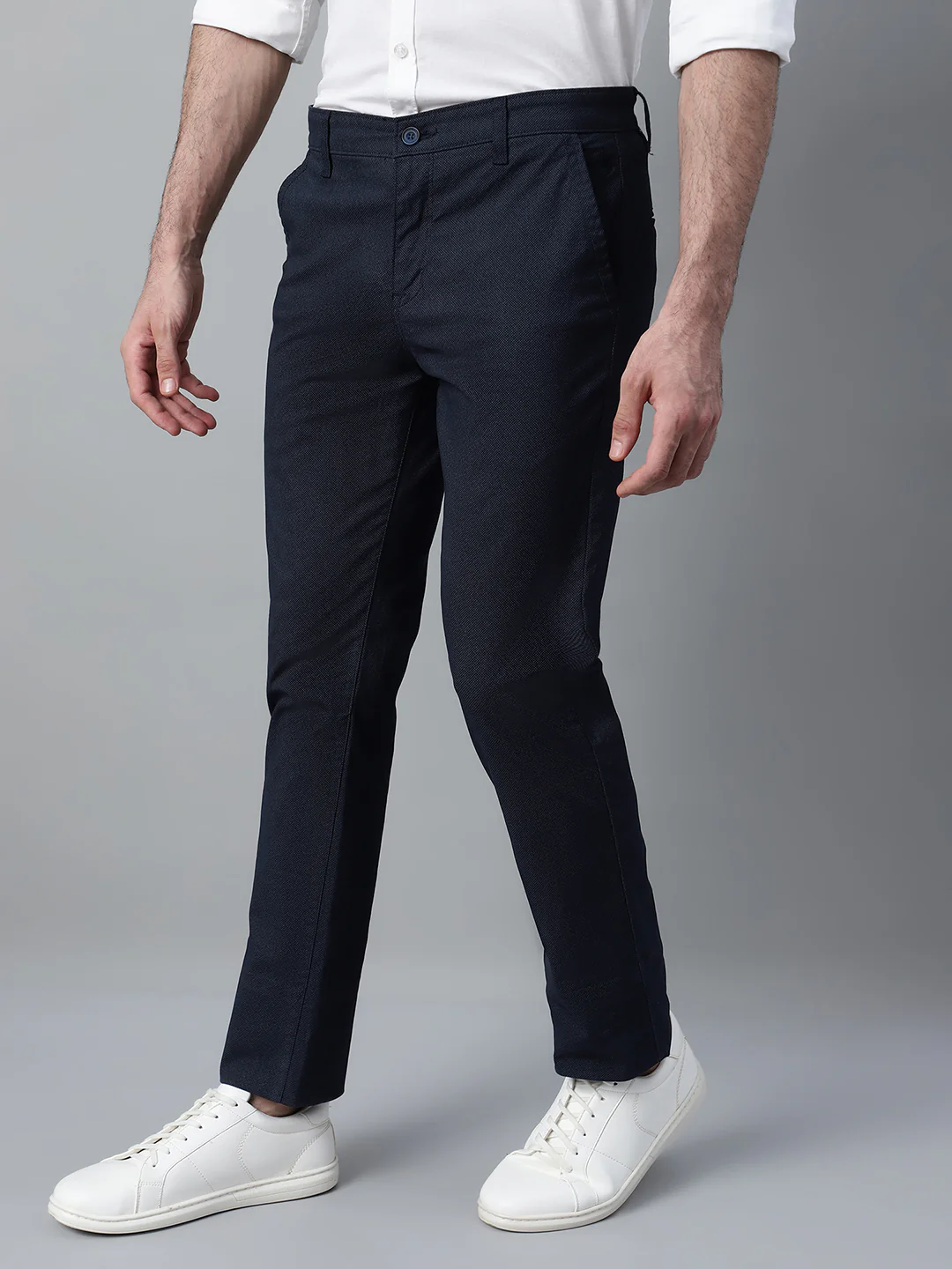 Men's Navy Blue Self Design Non-Pleated Casual Trouser - Image 3