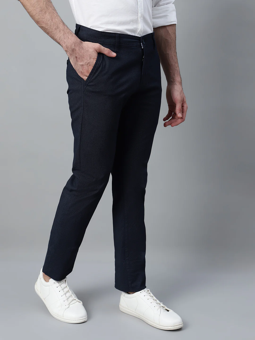 Men's Navy Blue Self Design Non-Pleated Casual Trouser - Image 4