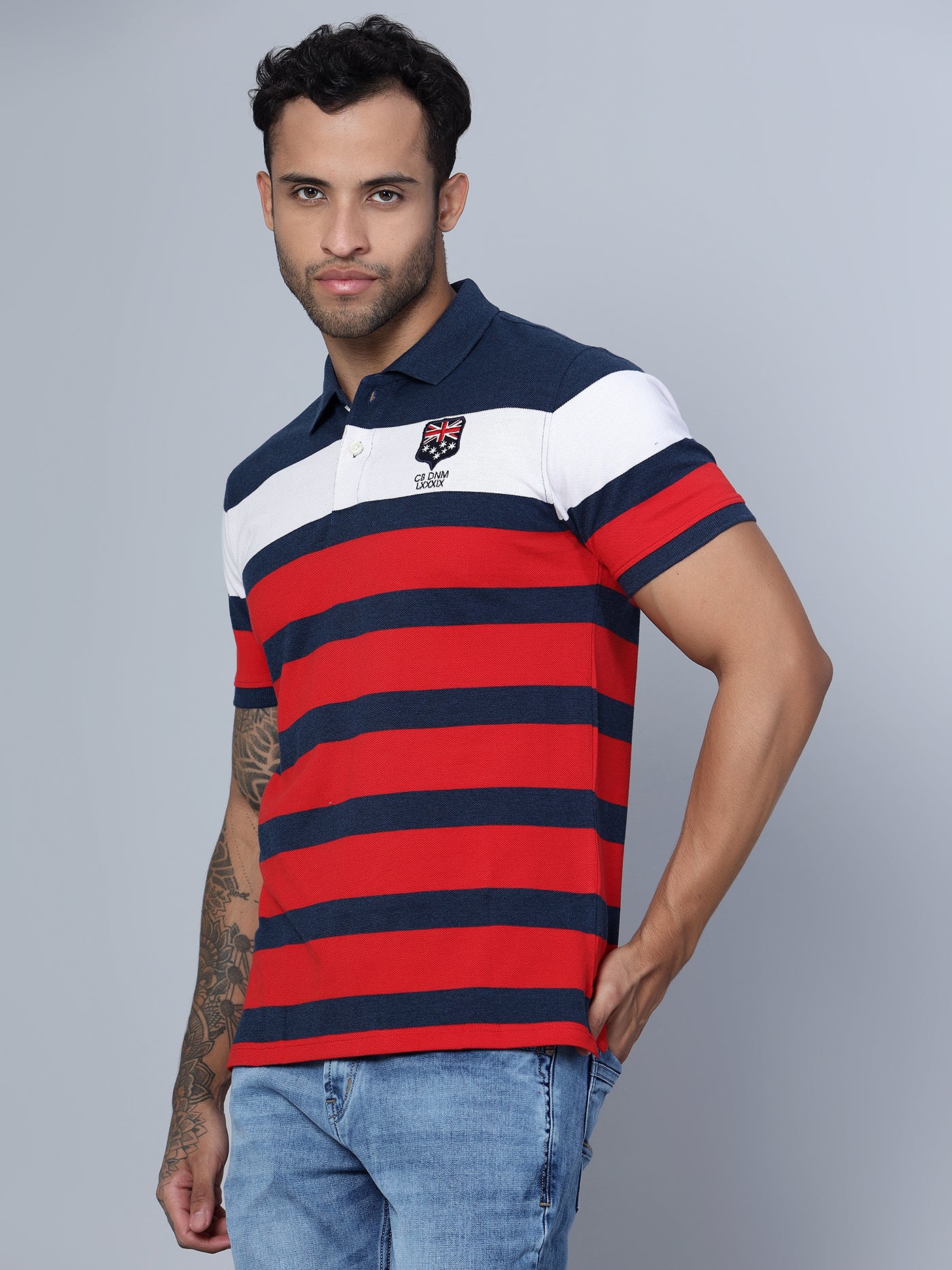 T-Shirt for Men | Breathable & Soft with Color Fastness Regular Fit Polo Neck Poly Cotton Fabric Striped Pattern - Image 2