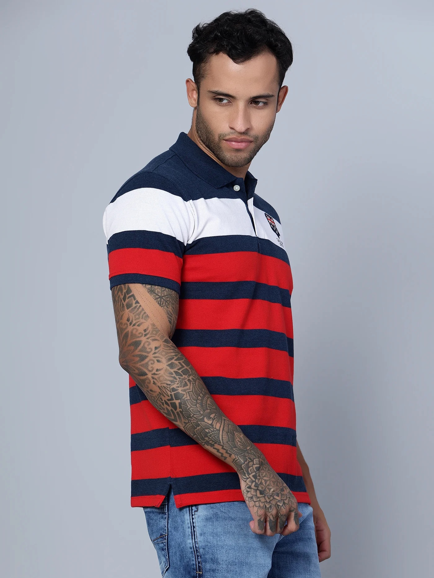 T-Shirt for Men | Breathable & Soft with Color Fastness Regular Fit Polo Neck Poly Cotton Fabric Striped Pattern - Image 3