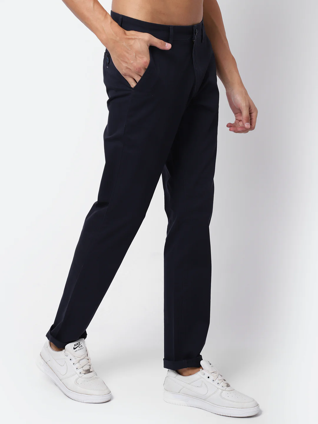 Men's Casual Flat front Navy Blue  Trousers - Image 3