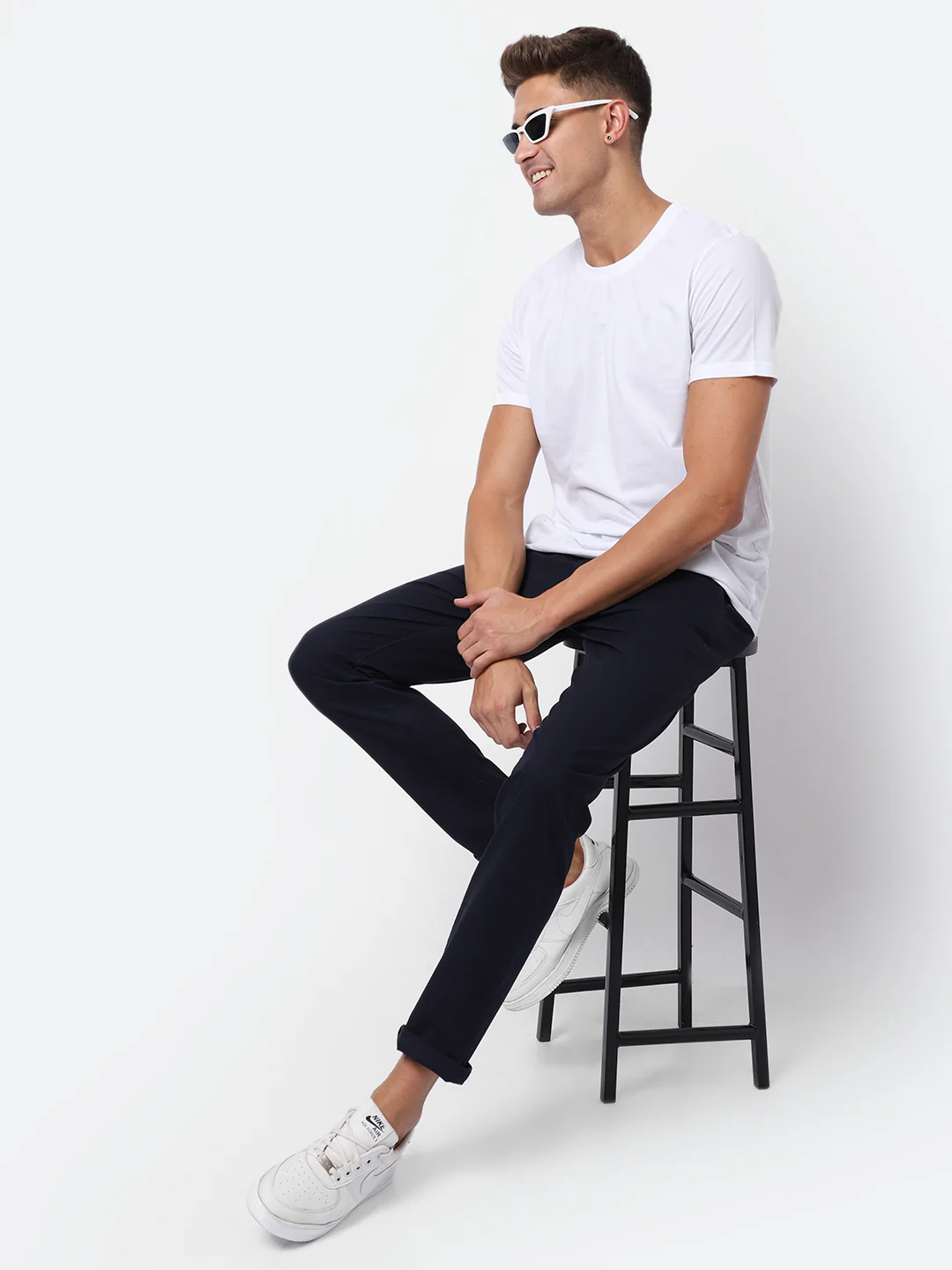 Men's Casual Flat front Navy Blue  Trousers - Image 5
