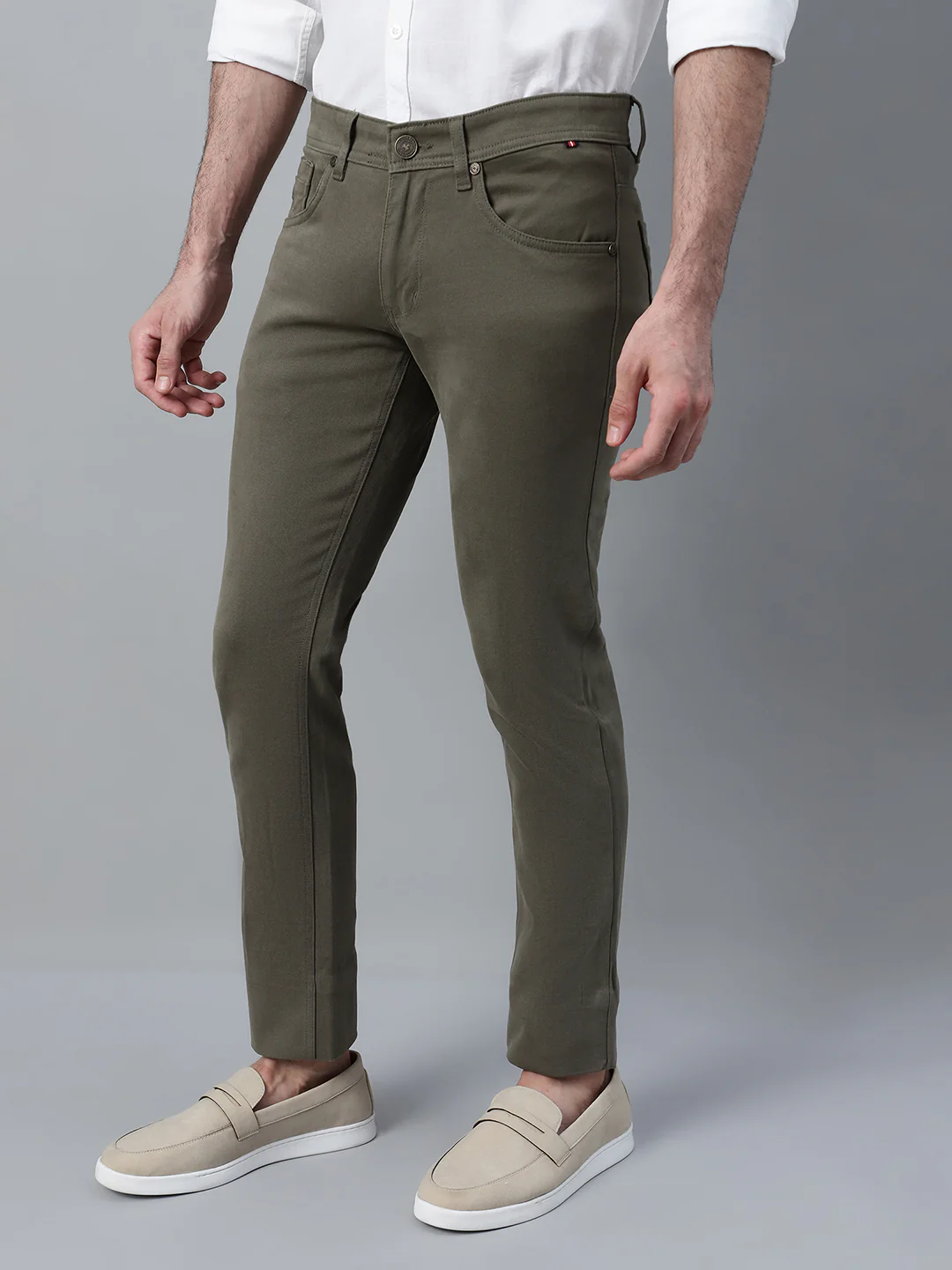 Men's Olive Green Self Design Non-Pleated Casual Trouser - Image 3