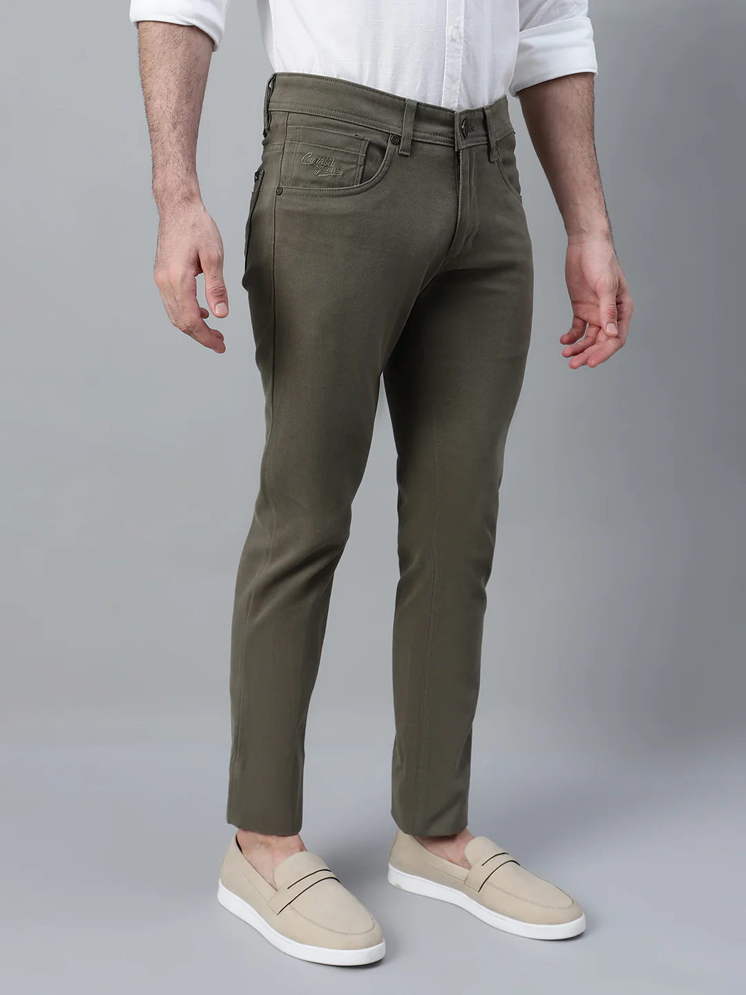 Men's Olive Green Self Design Non-Pleated Casual Trouser - Image 4