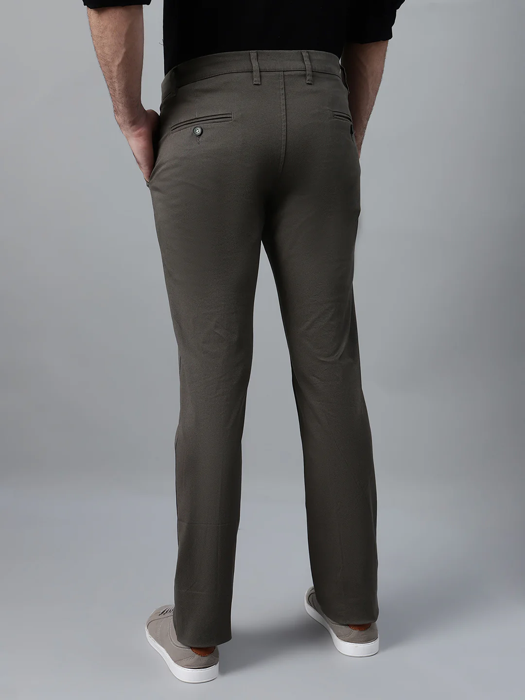 Men's Olive Green Self Design Non-Pleated Casual Trouser - Image 2