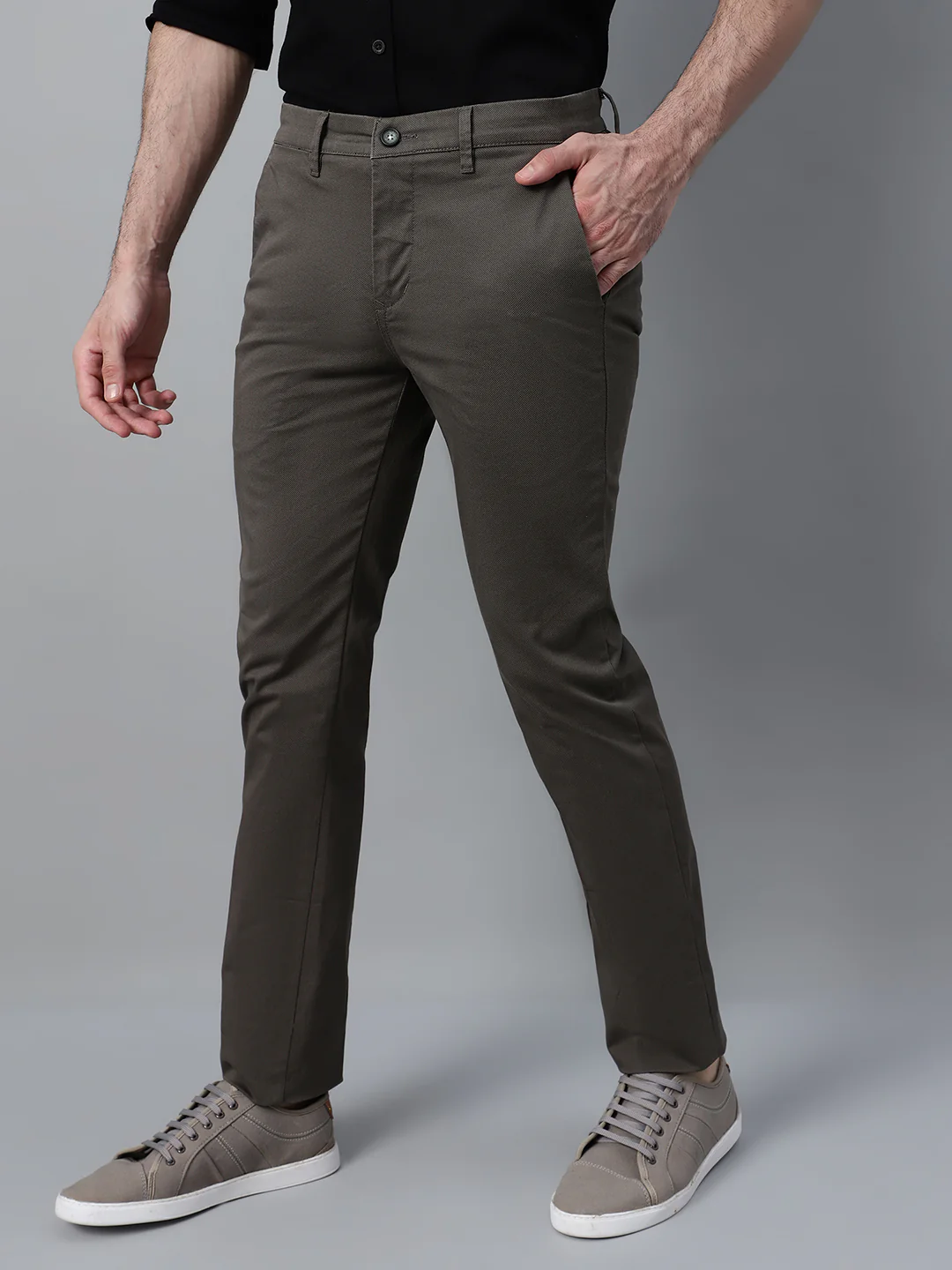 Men's Olive Green Self Design Non-Pleated Casual Trouser - Image 3