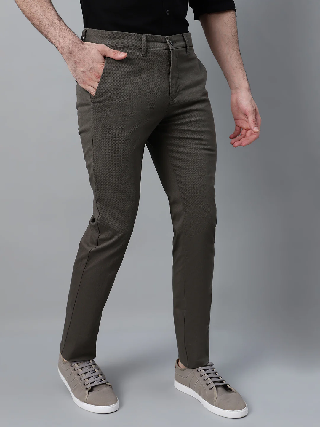 Men's Olive Green Self Design Non-Pleated Casual Trouser - Image 4