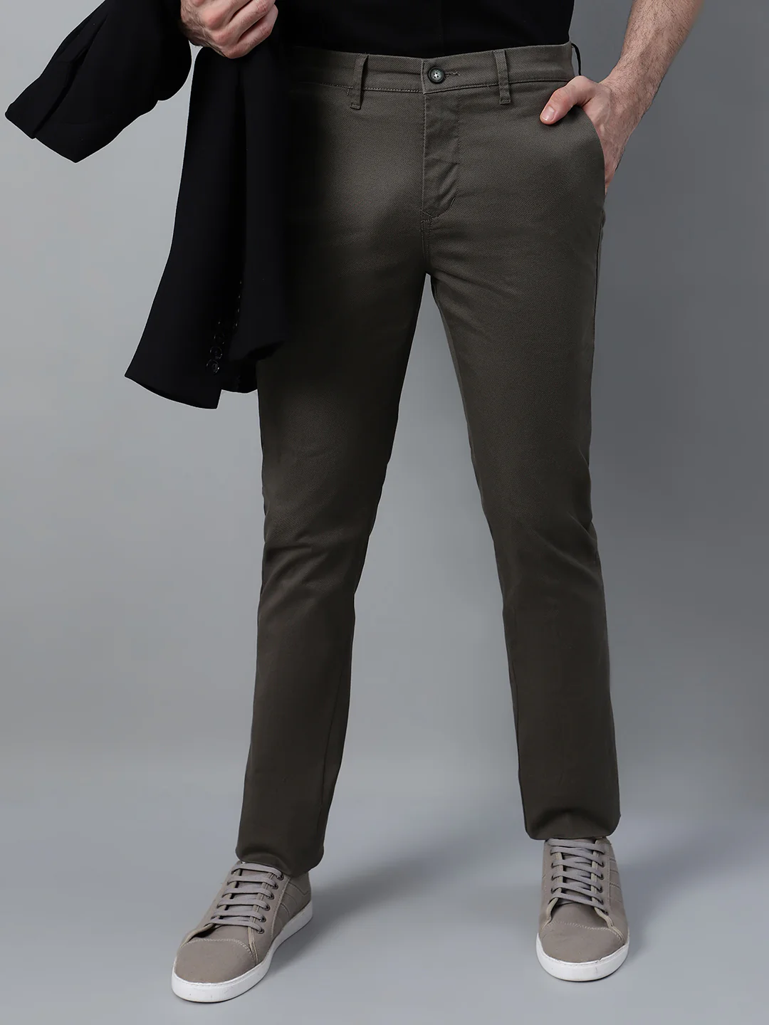 Men's Olive Green Self Design Non-Pleated Casual Trouser - Image 6