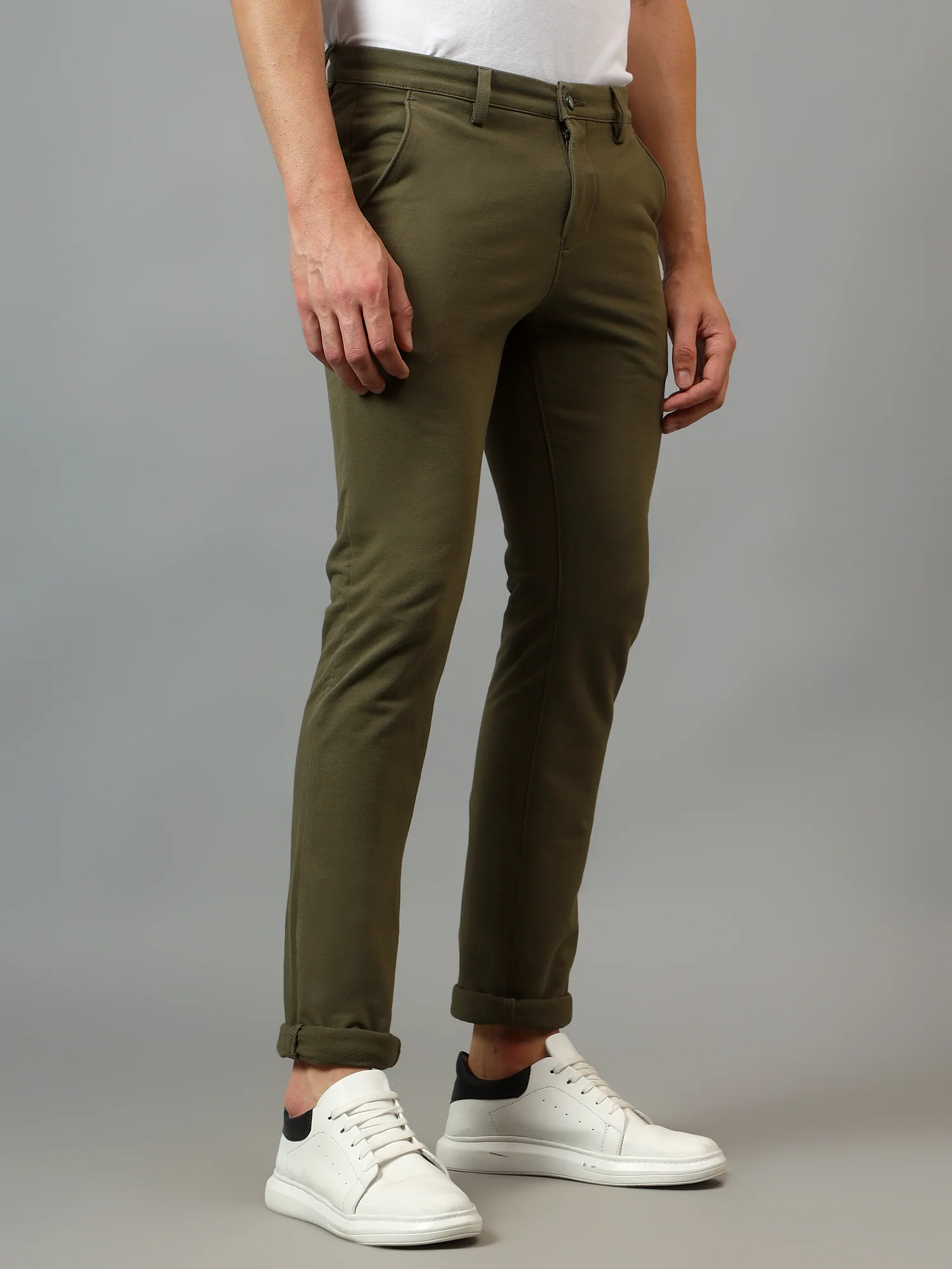 Men's Casual Flat front Olive  Trousers - Image 3