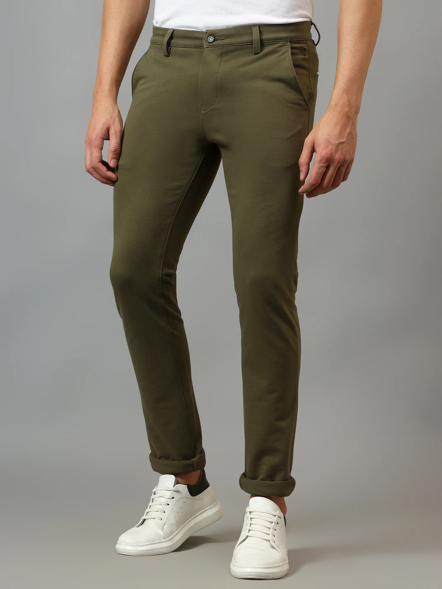 Men's Casual Flat front Olive  Trousers - Image 4