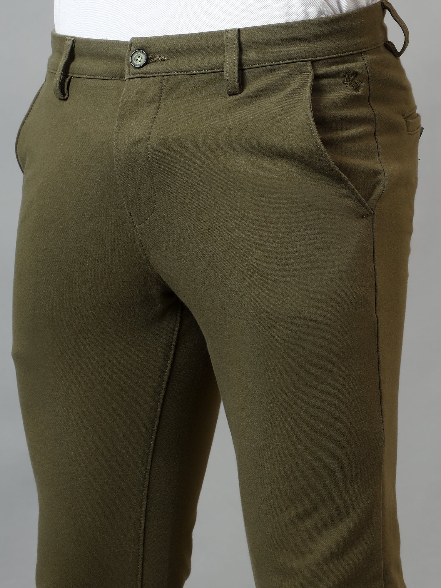 Men's Casual Flat front Olive  Trousers - Image 5