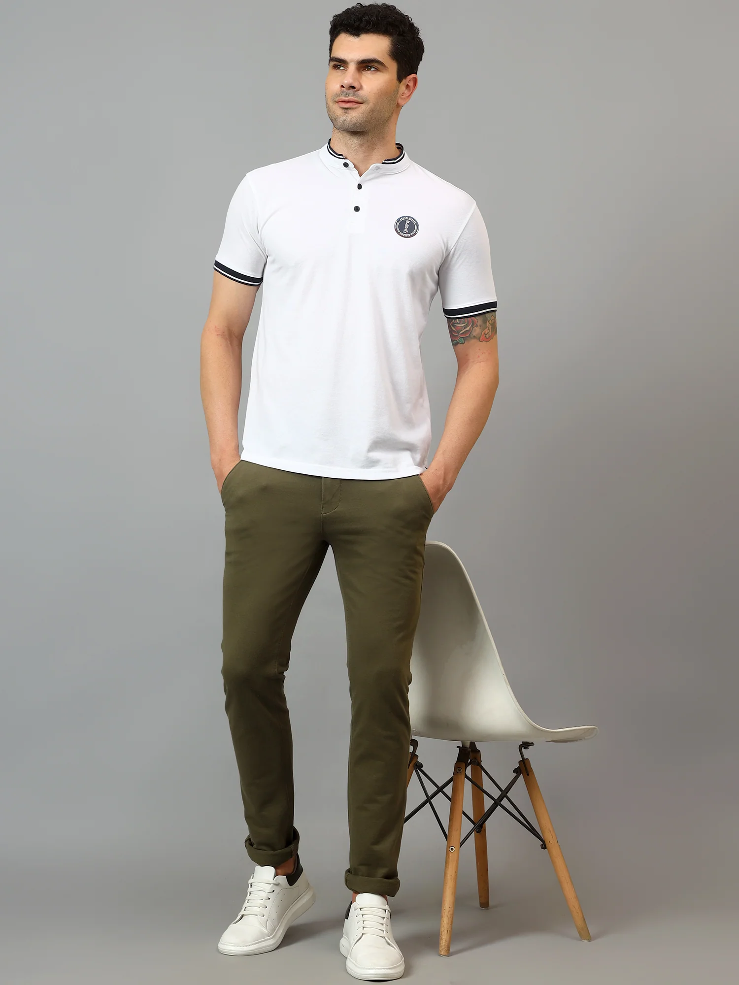 Men's Casual Flat front Olive  Trousers - Image 6