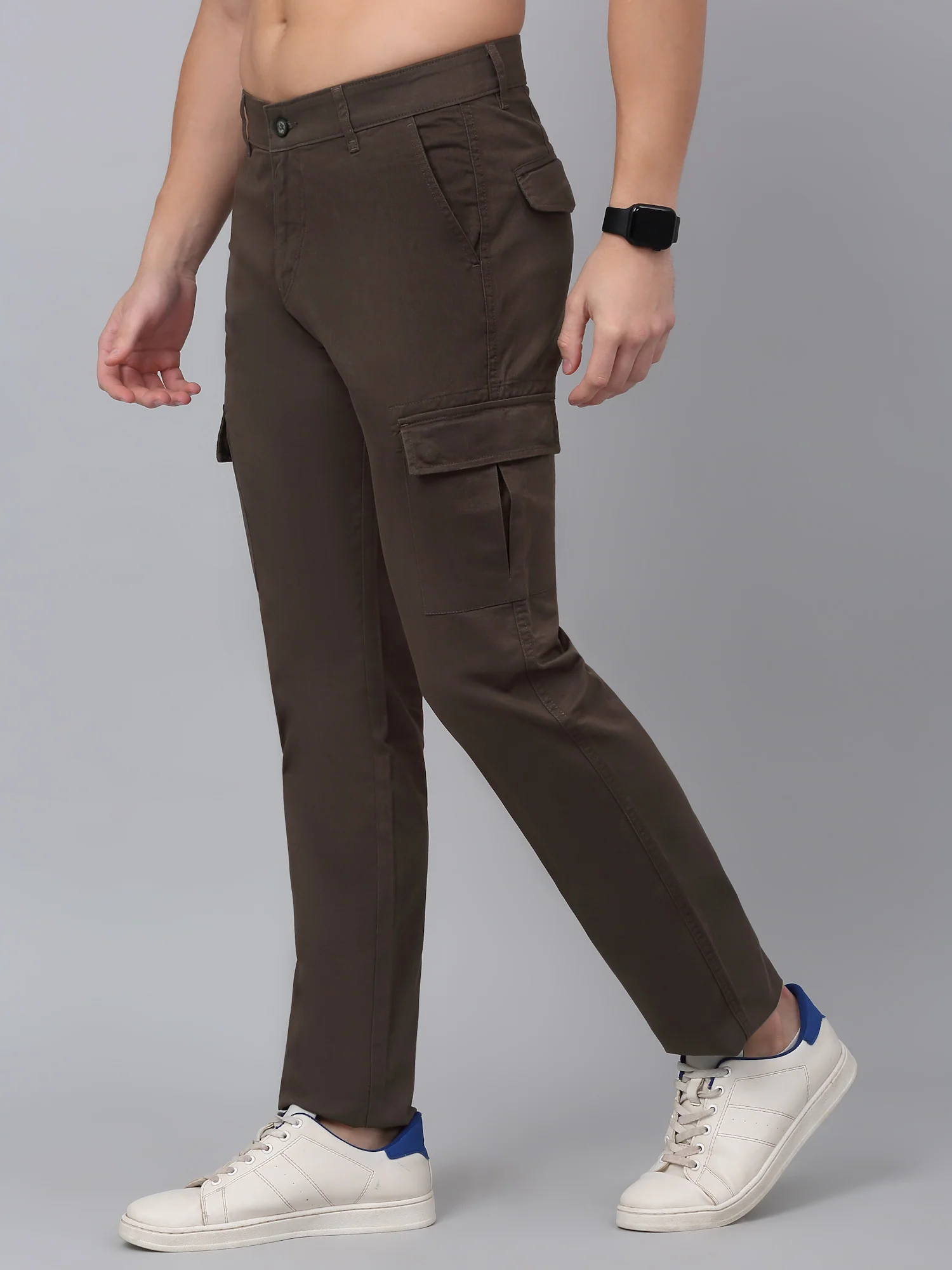 Men's Olive Green Solid Full Length Stretchable Cargo - Image 3