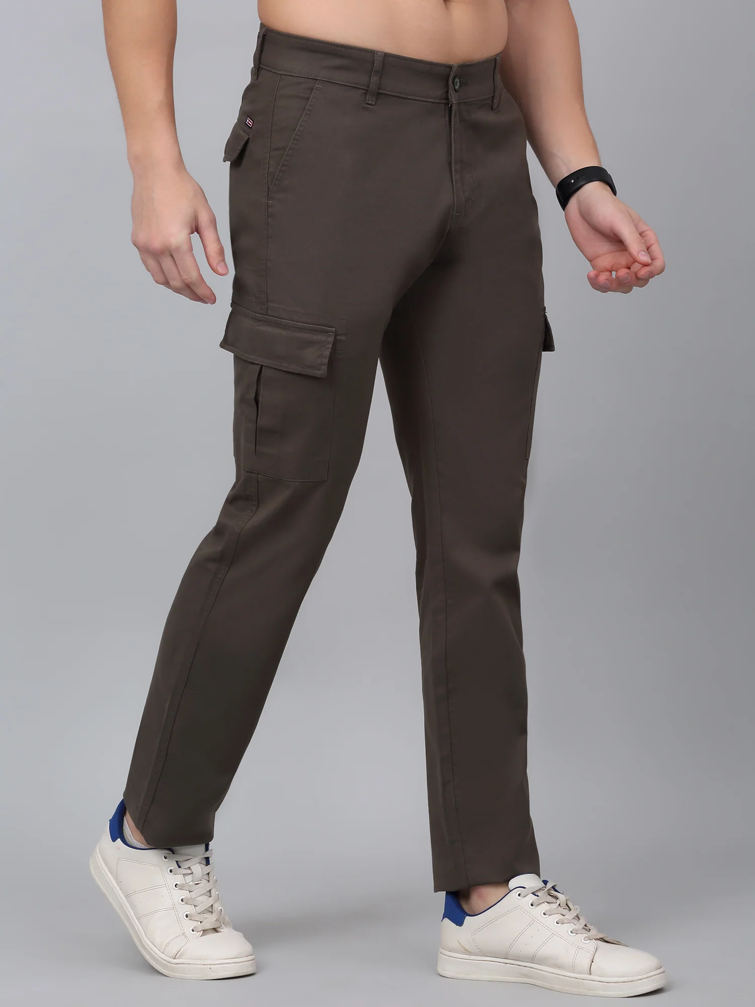 Men's Olive Green Solid Full Length Stretchable Cargo - Image 4