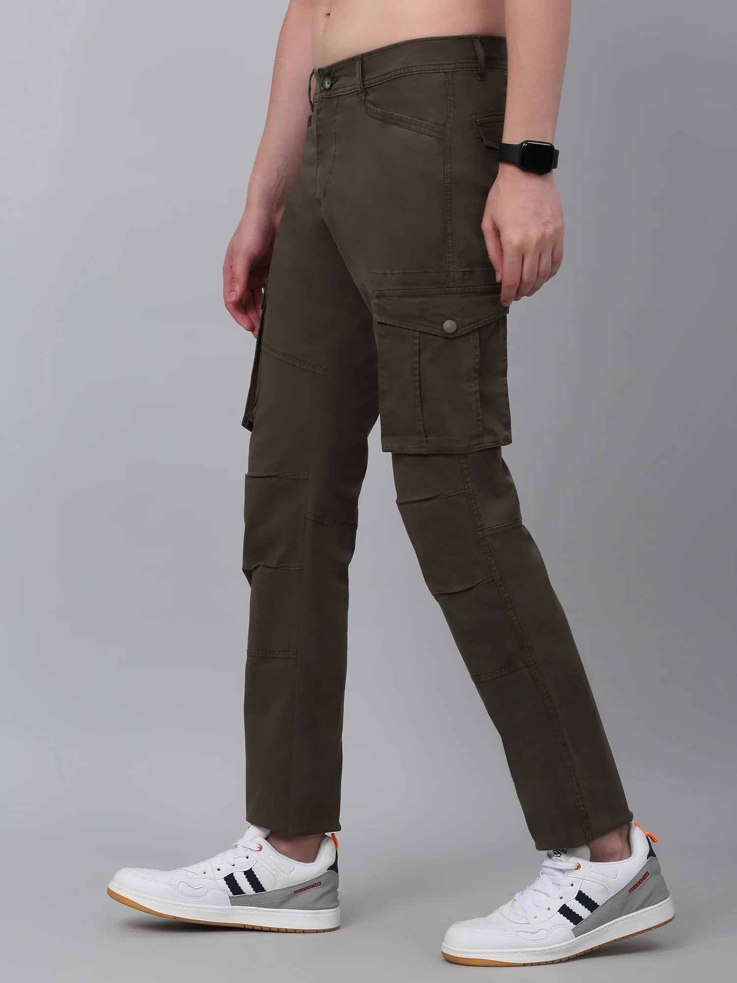 Men's Olive Green Solid Full Length Stretchable Cargo - Image 3