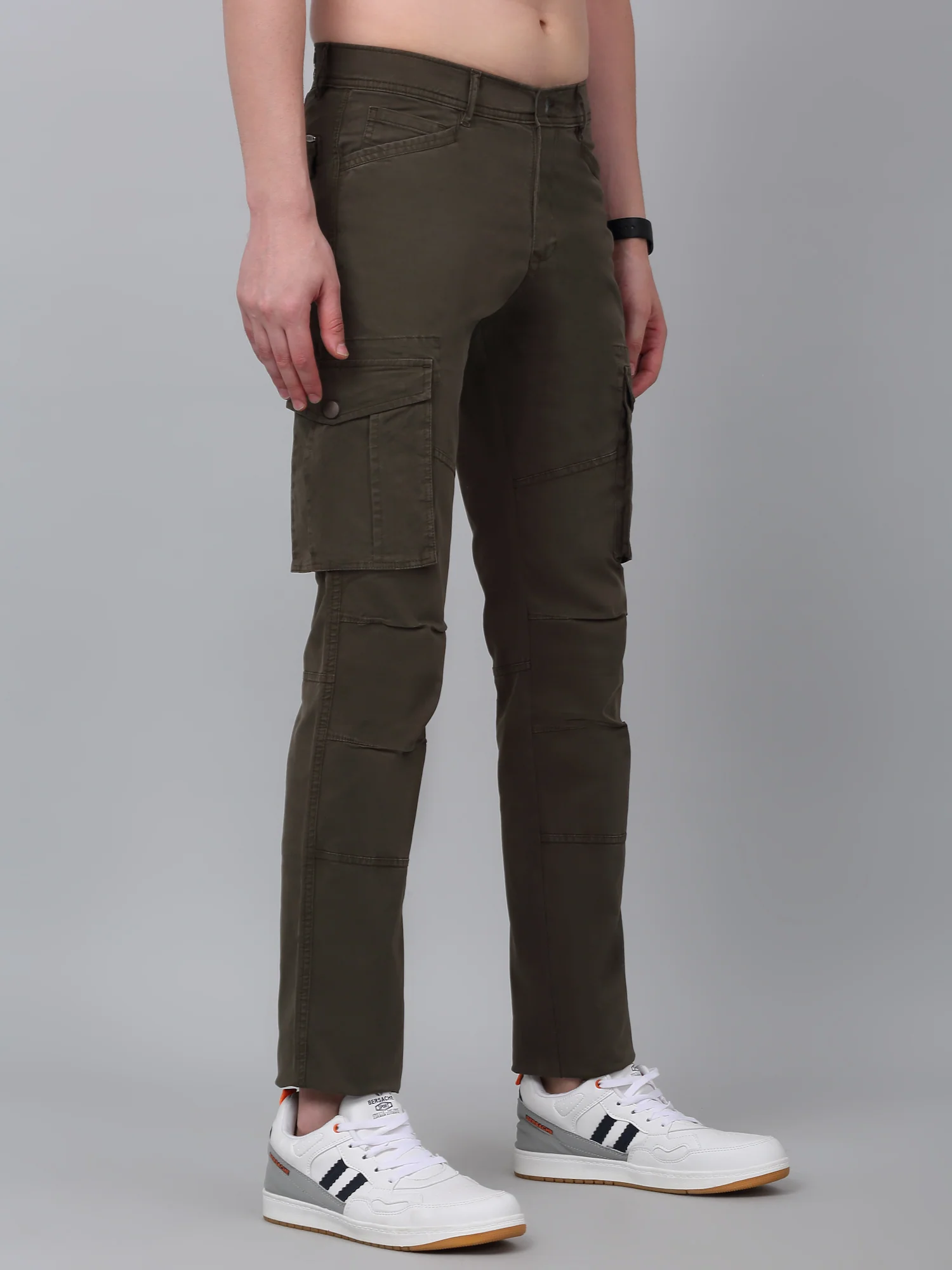 Men's Olive Green Solid Full Length Stretchable Cargo - Image 4