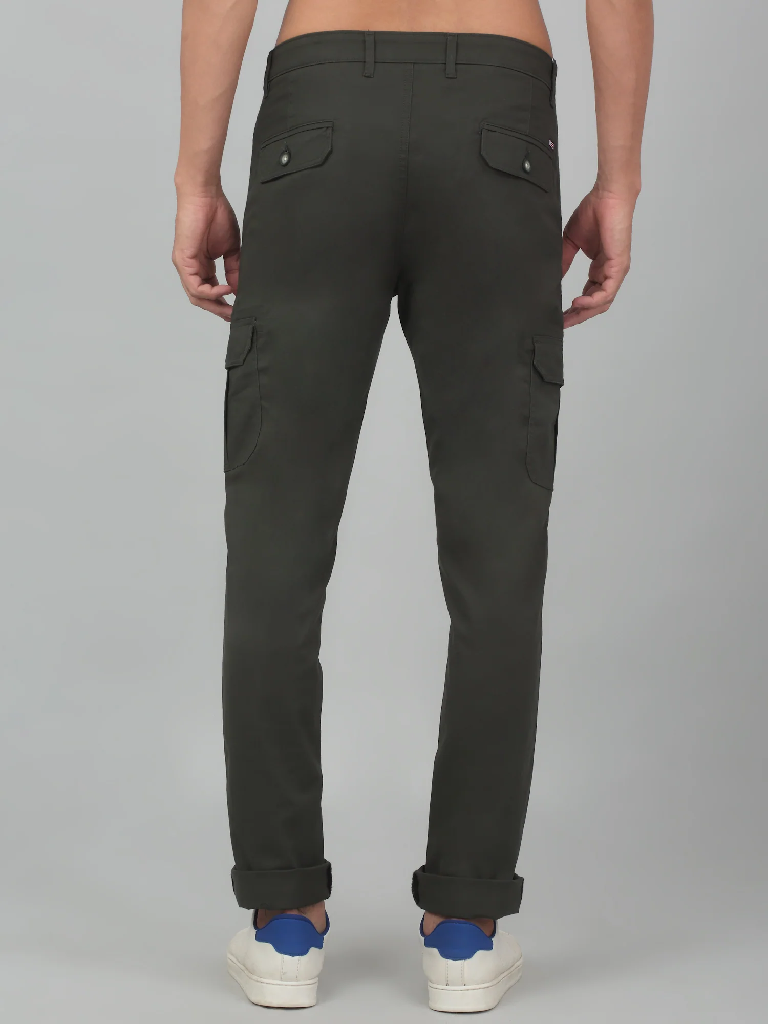 Men's Olive Green Solid Stretchable Cargo - Image 2
