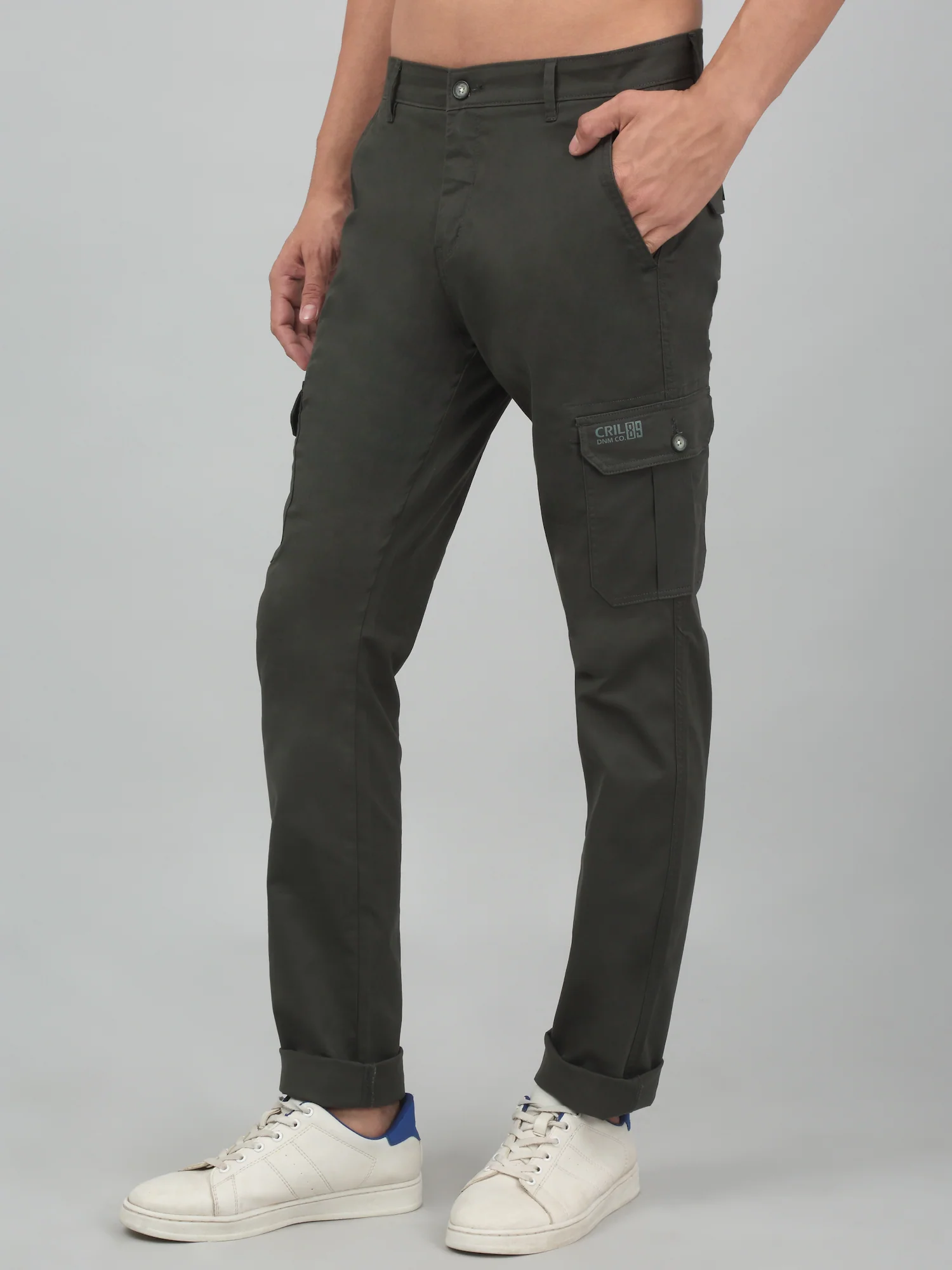 Men's Olive Green Solid Stretchable Cargo - Image 3