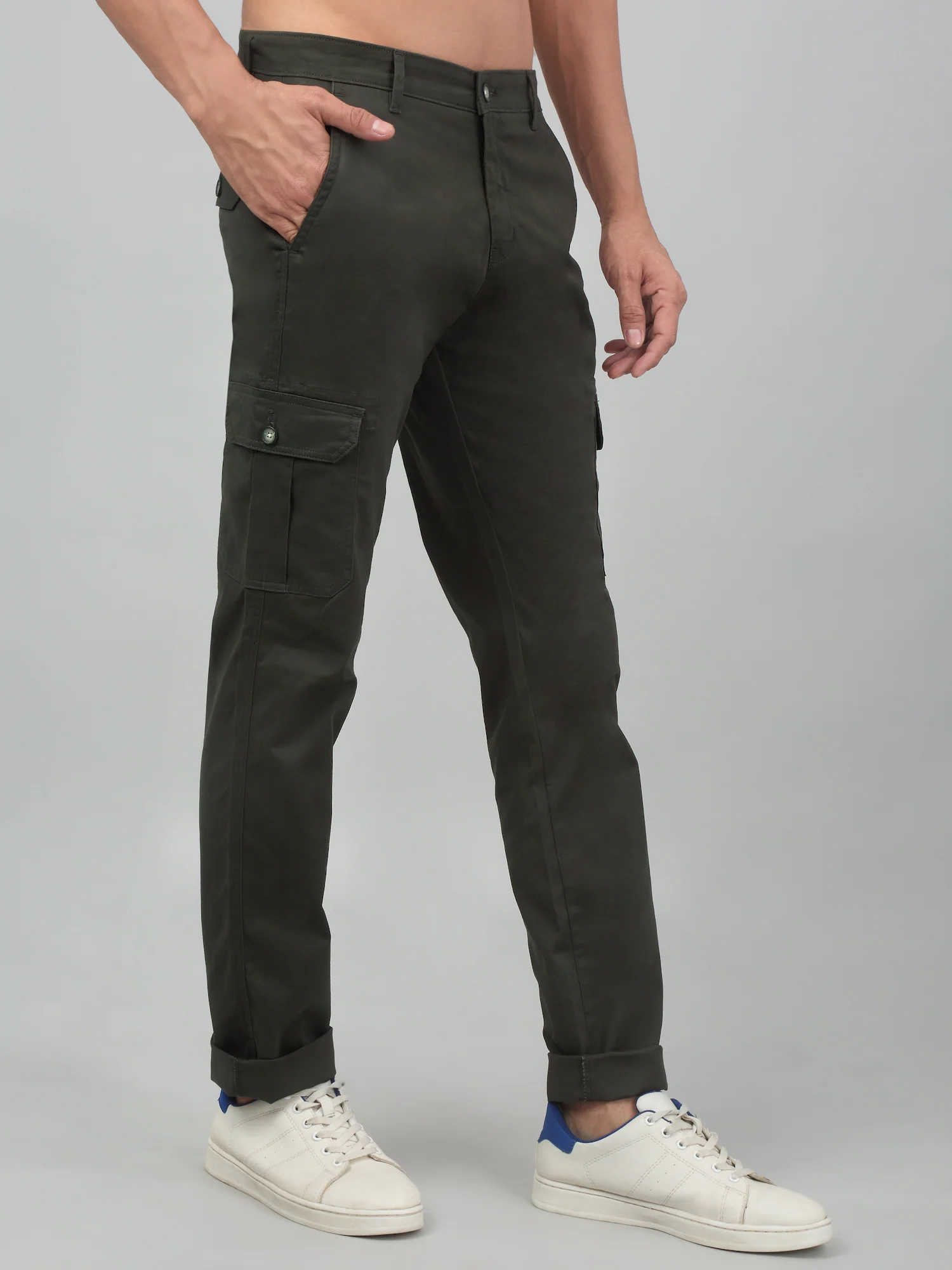 Men's Olive Green Solid Stretchable Cargo - Image 4