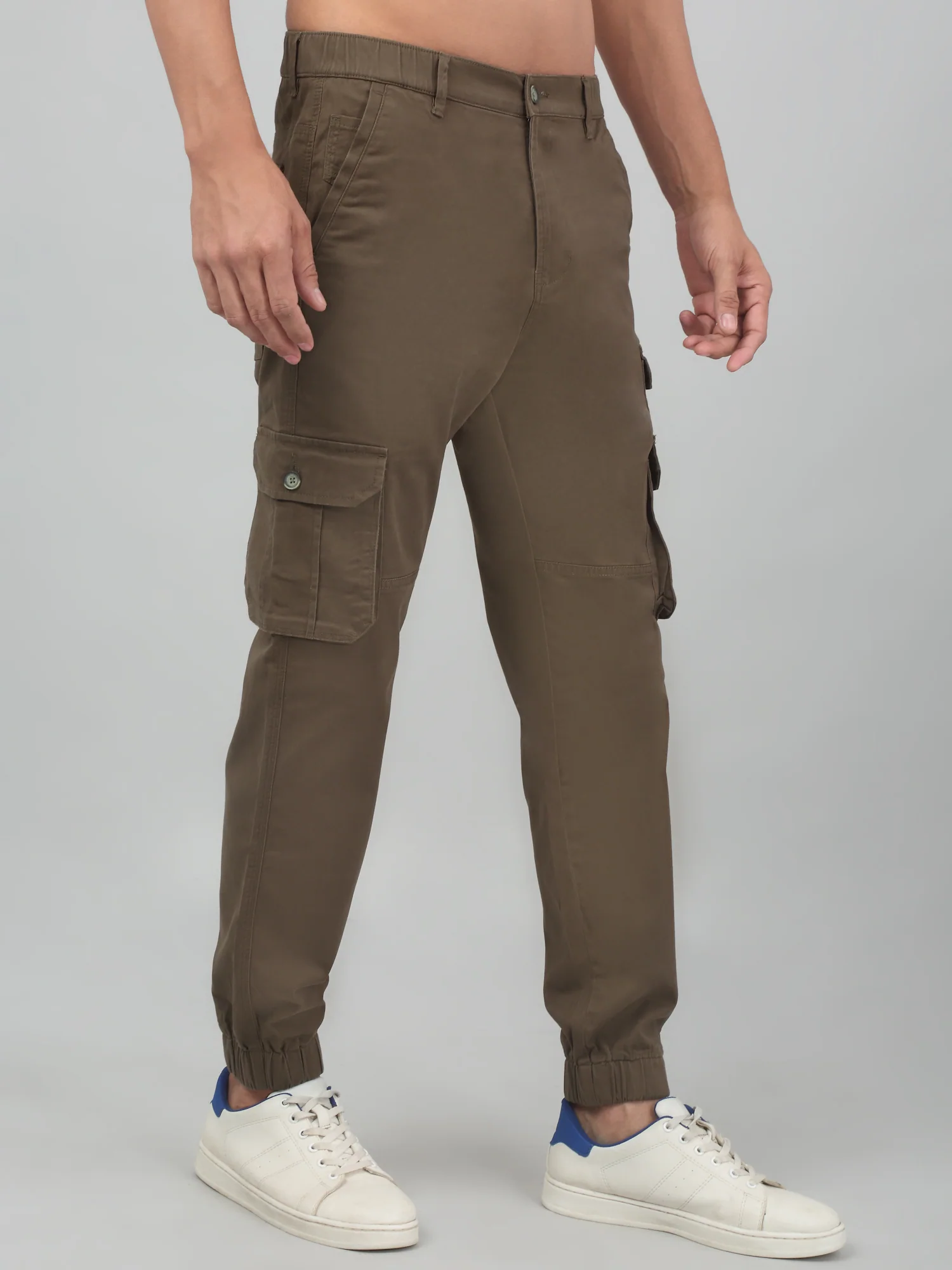 Men's Olive Green Solid Stretchable Cargo - Image 4