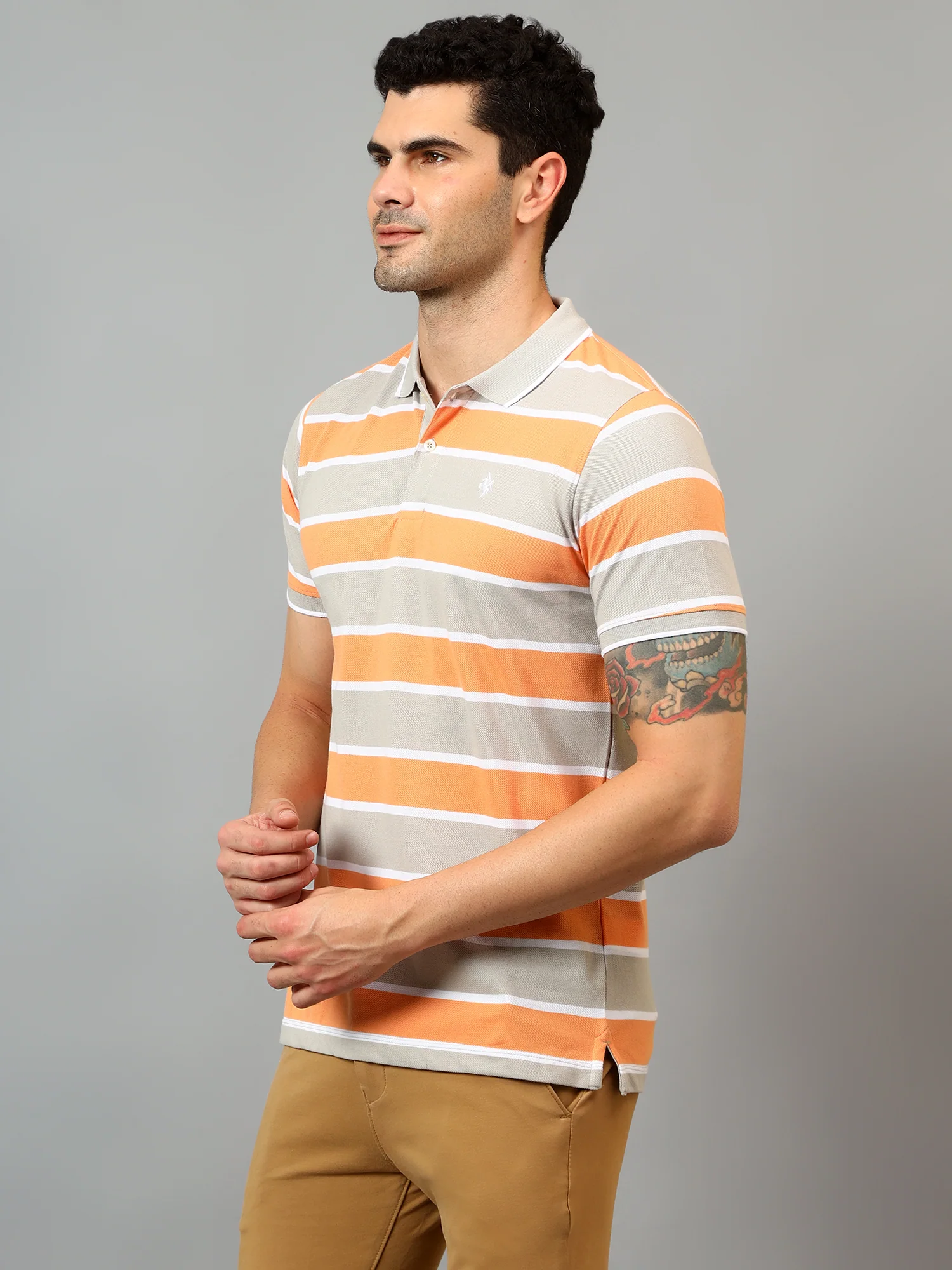 T-Shirt for Men | Breathable & Soft with Color Fastness Regular Fit Polo Neck Poly Cotton Fabric Striped Pattern - Image 4