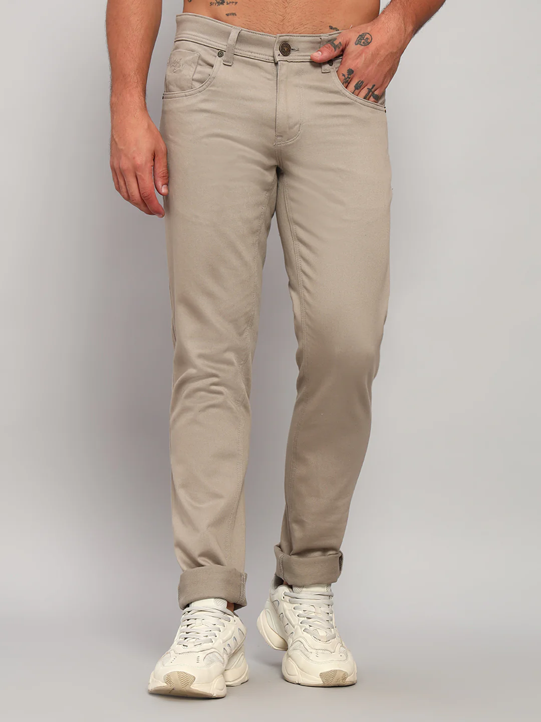 Casual Trouser for Men | Breathable & Soft with Color Fastness Regular Fit Cotton Blend Fabric Self Design Pattern Button Closure - Image 3