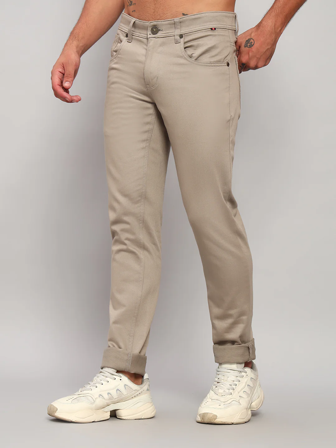 Casual Trouser for Men | Breathable & Soft with Color Fastness Regular Fit Cotton Blend Fabric Self Design Pattern Button Closure - Image 4