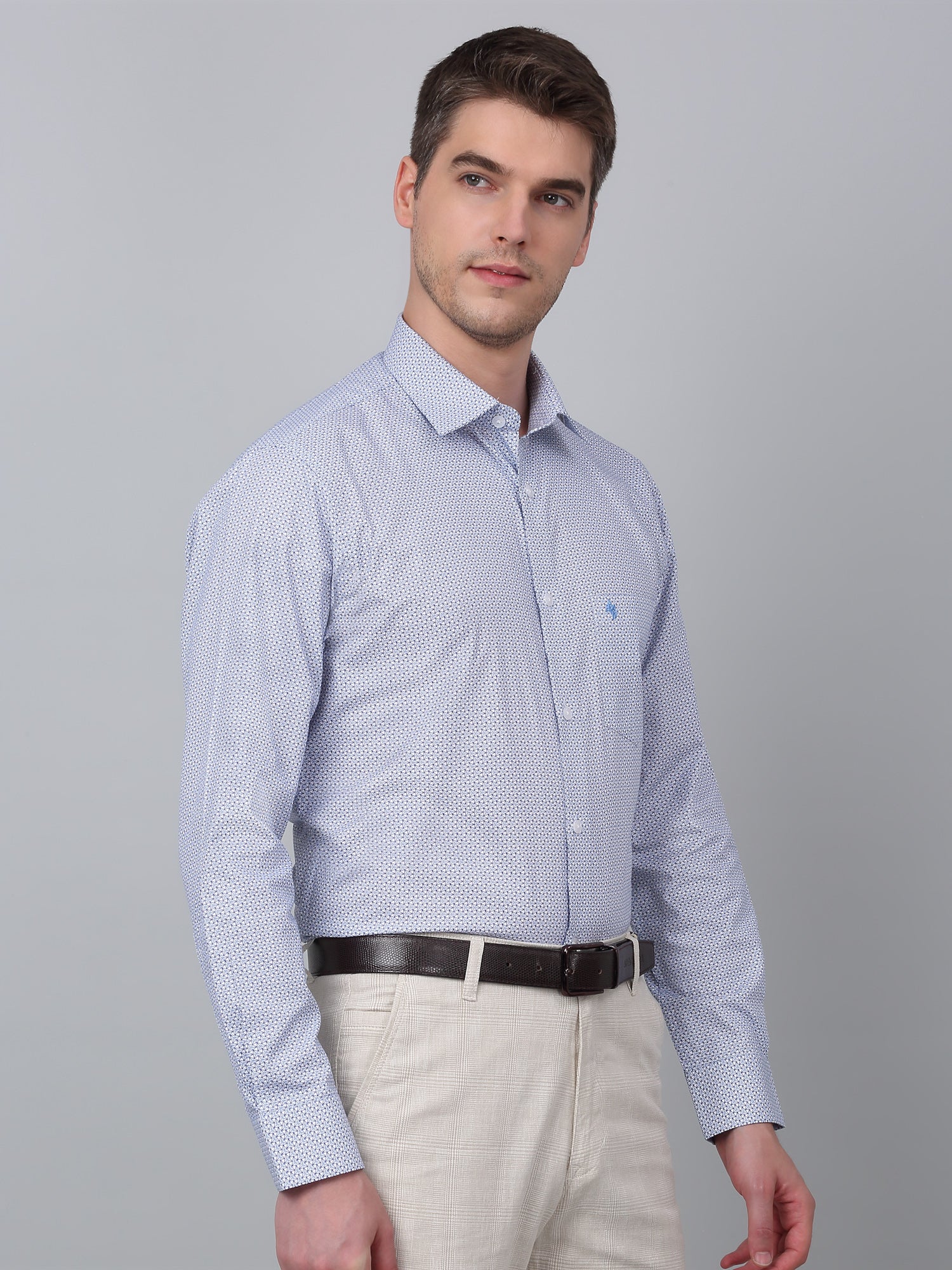 Men's Sky Blue Formal Geometric Print Full Sleeve Shirt - Image 3
