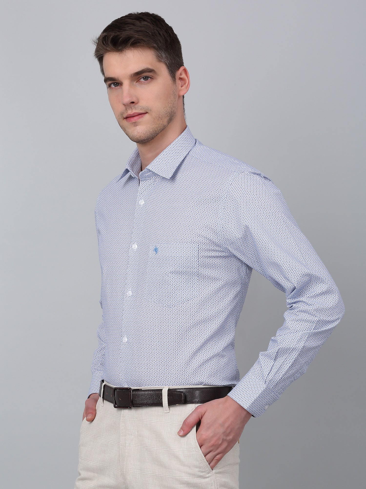 Men's Sky Blue Formal Geometric Print Full Sleeve Shirt - Image 4