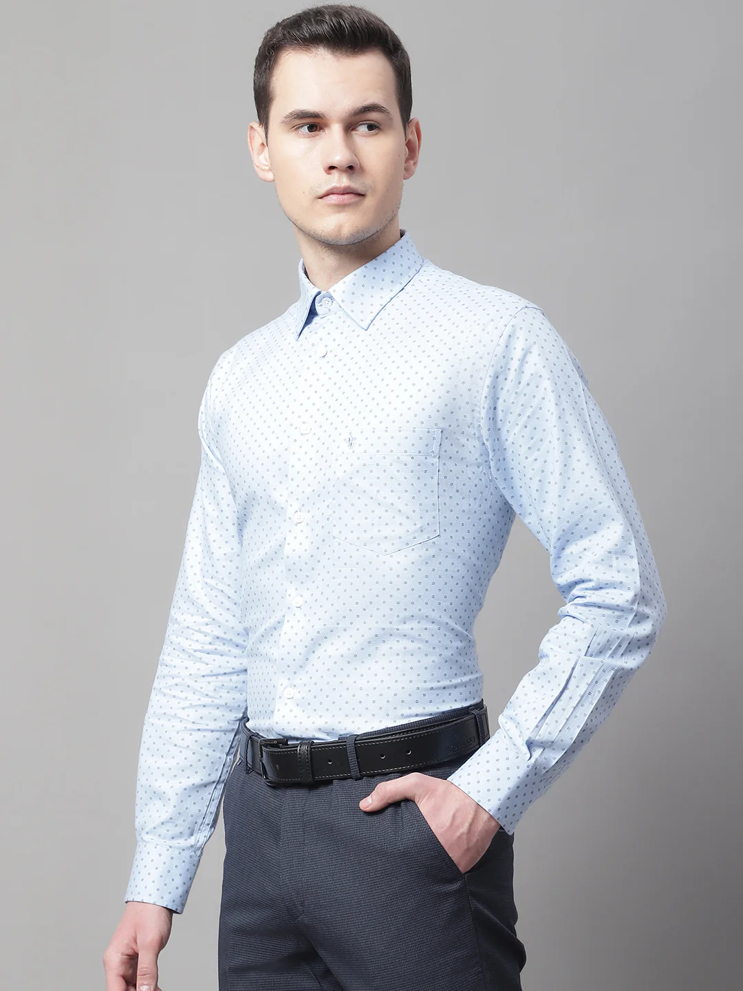 Men's Sky Blue Formal Geometric Print Full Sleeve Shirt - Image 3
