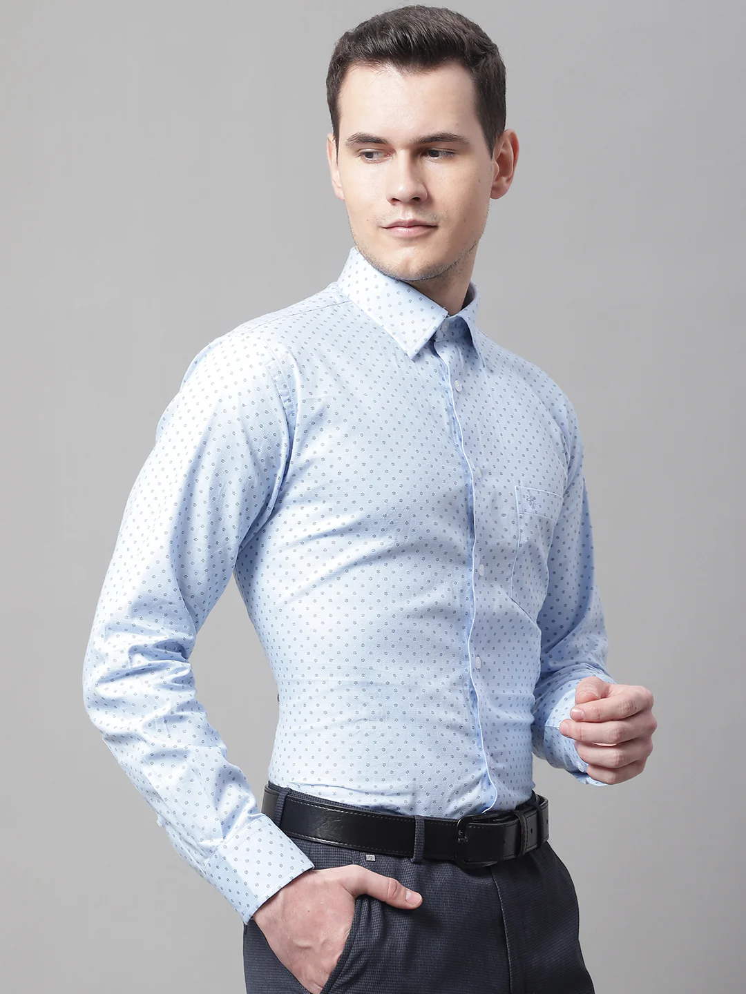 Men's Sky Blue Formal Geometric Print Full Sleeve Shirt - Image 4